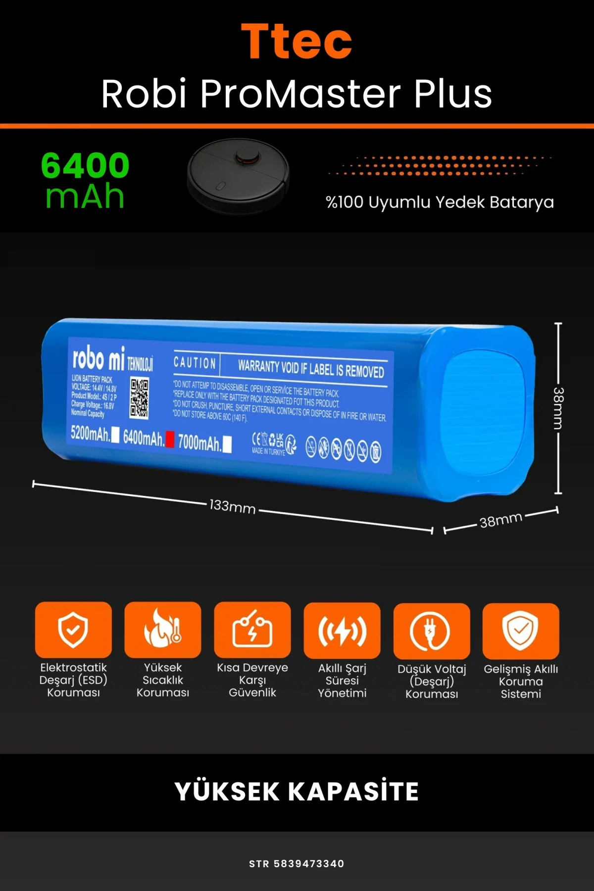 TTEC Robi ProMaster Plus 6400mAh Robot Süpürge Bataryası - Gerçek Kapasite, Maksimum Güvenlik