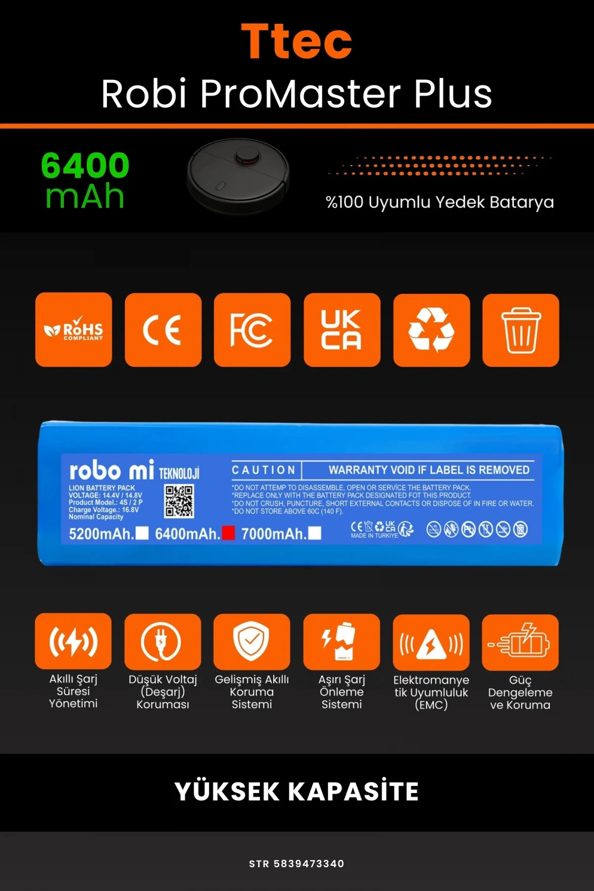 TTEC Robi ProMaster Plus 6400mAh Robot Süpürge Bataryası - Gerçek Kapasite, Maksimum Güvenlik