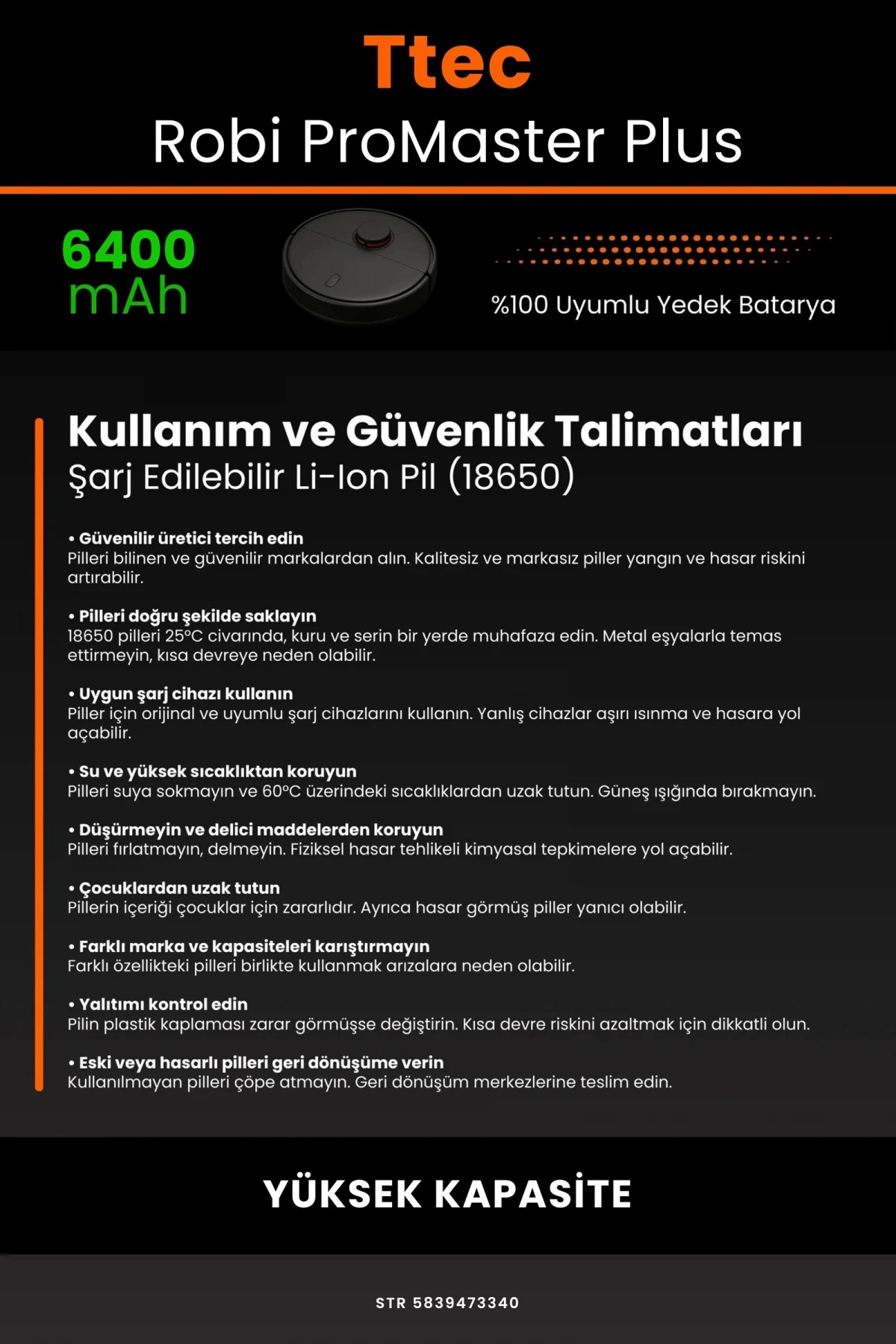 TTEC Robi ProMaster Plus 6400mAh Robot Süpürge Bataryası - Gerçek Kapasite, Maksimum Güvenlik