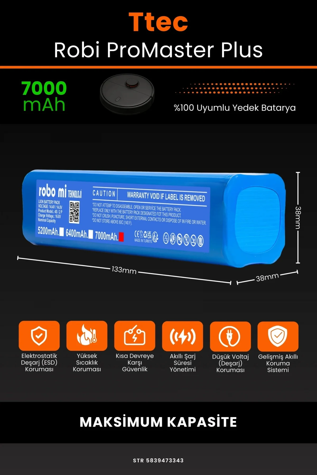 TTEC Robi ProMaster Plus 7000mAh Robot Süpürge Bataryası - Gerçek Kapasite, Maksimum Güvenlik