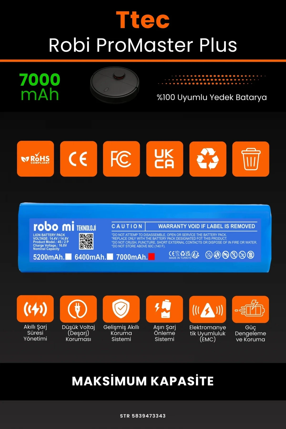 TTEC Robi ProMaster Plus 7000mAh Robot Süpürge Bataryası - Gerçek Kapasite, Maksimum Güvenlik