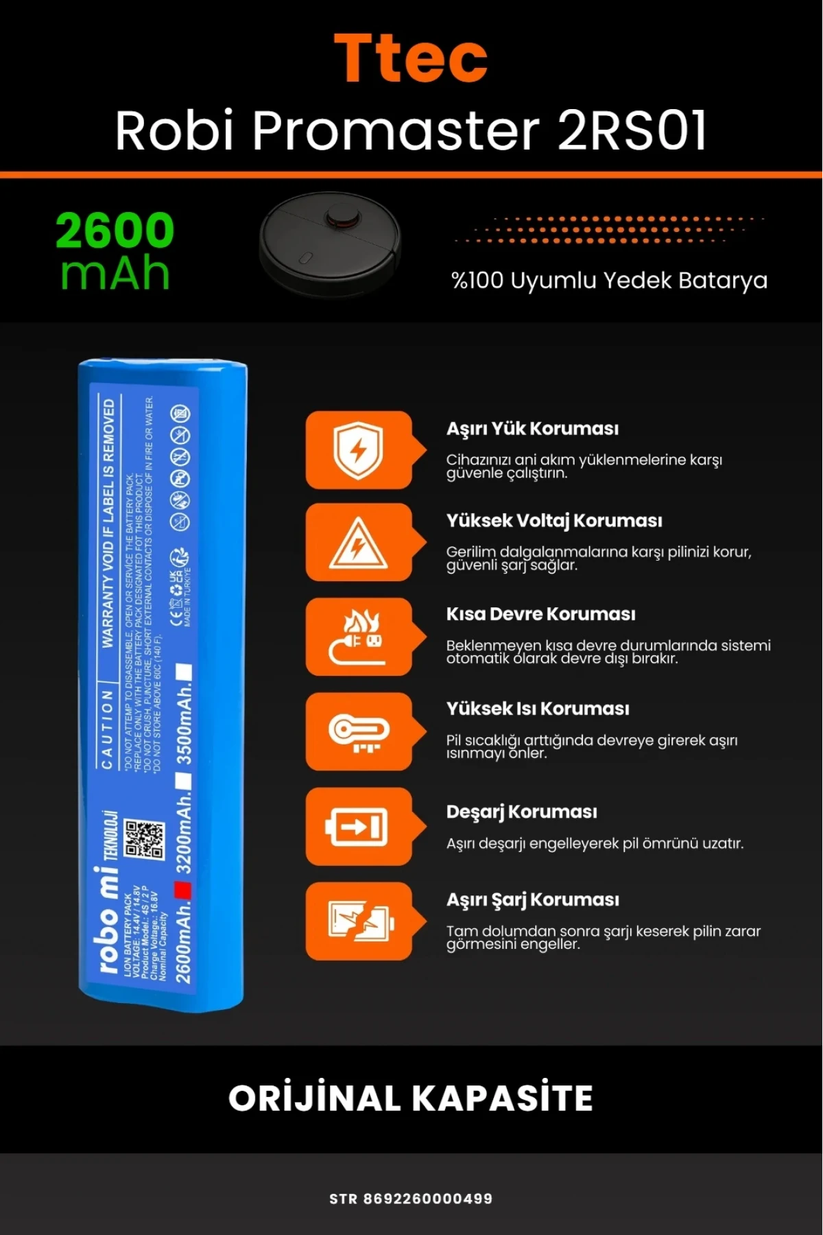 TTEC Robi ProMaster Uyumlu 2600mAh Robot Süpürge Bataryası - Orijinal Kapasite