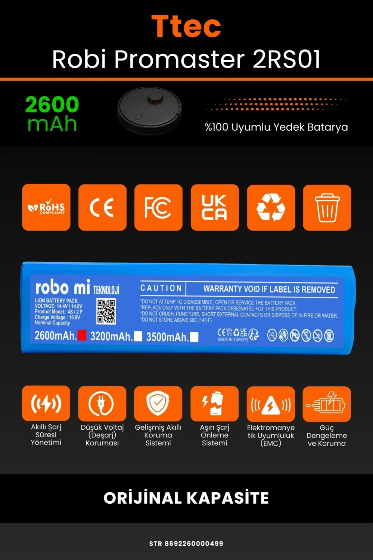 TTEC Robi ProMaster Uyumlu 2600mAh Robot Süpürge Bataryası - Orijinal Kapasite
