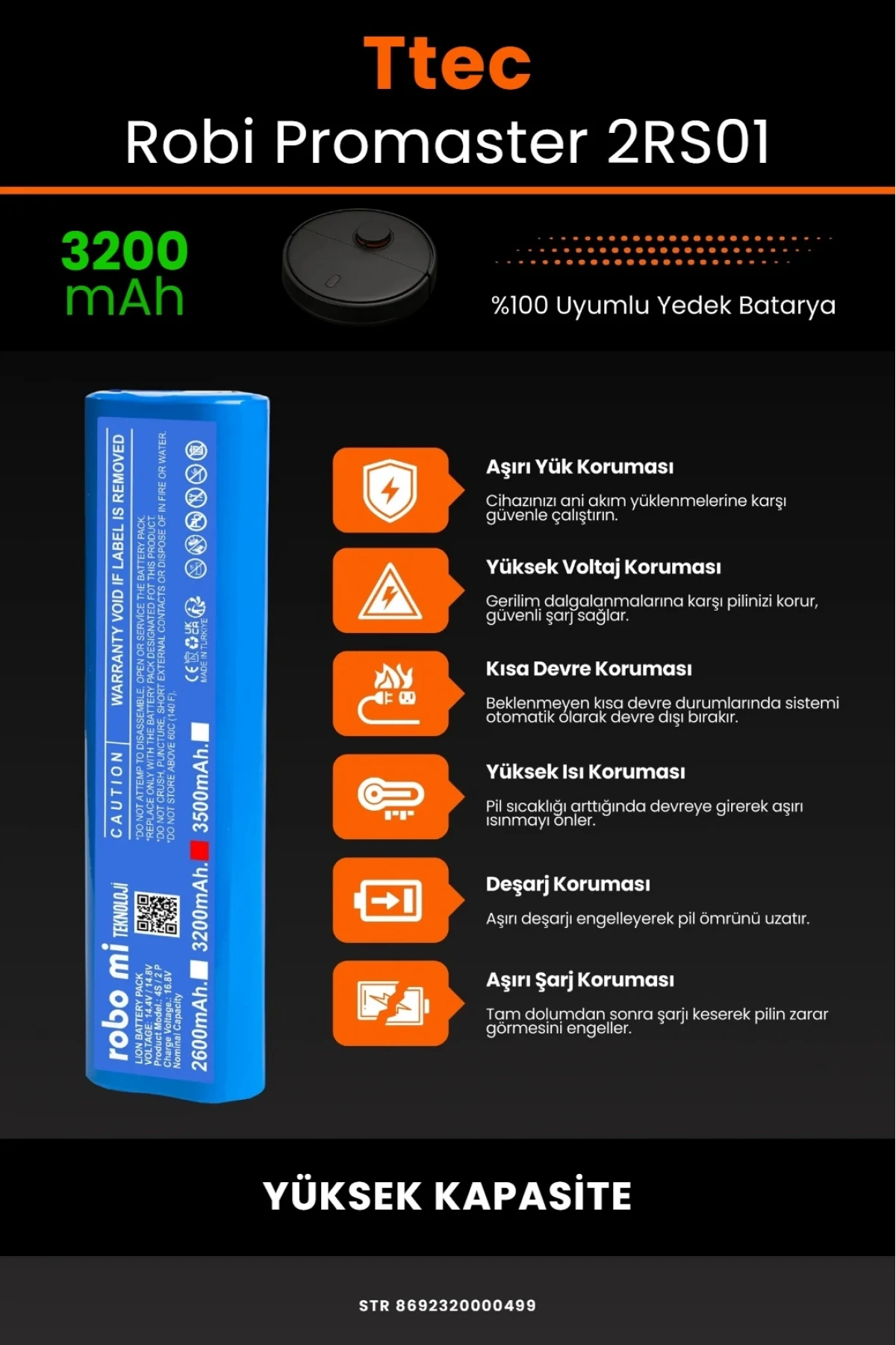TTEC Robi ProMaster Uyumlu 3200mAh Robot Süpürge Bataryası - Yüksek Kapasite