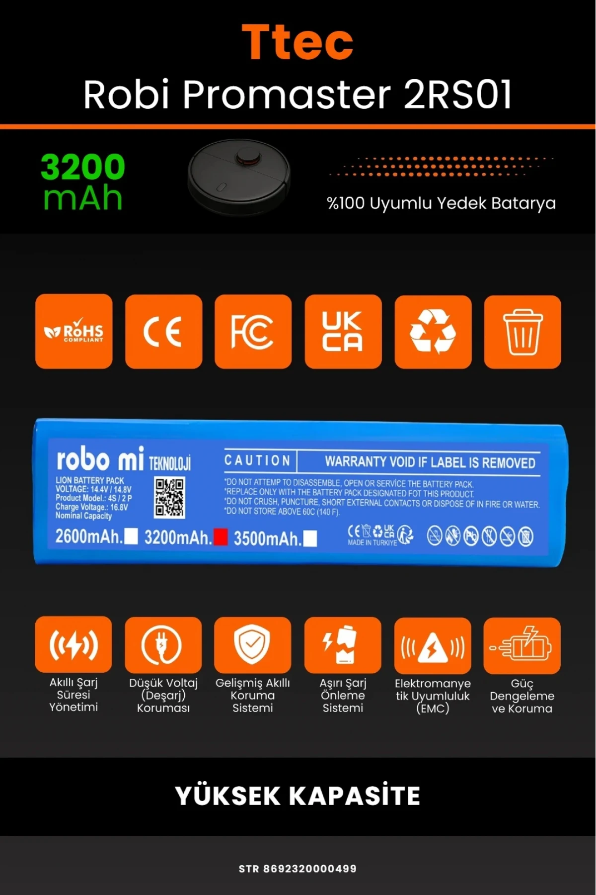 TTEC Robi ProMaster Uyumlu 3200mAh Robot Süpürge Bataryası - Yüksek Kapasite