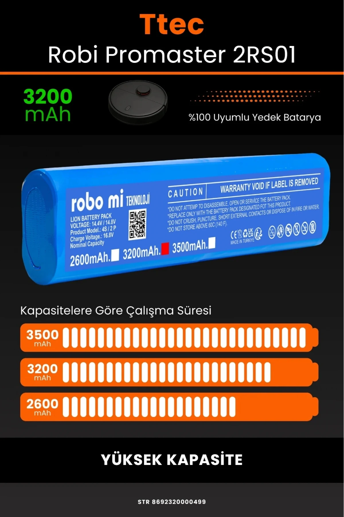 TTEC Robi ProMaster Uyumlu 3200mAh Robot Süpürge Bataryası - Yüksek Kapasite