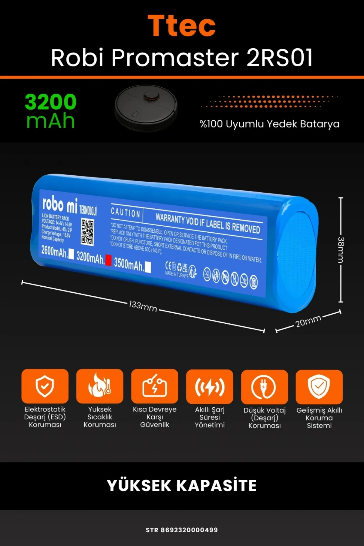 TTEC Robi ProMaster Uyumlu 3200mAh Robot Süpürge Bataryası - Yüksek Kapasite