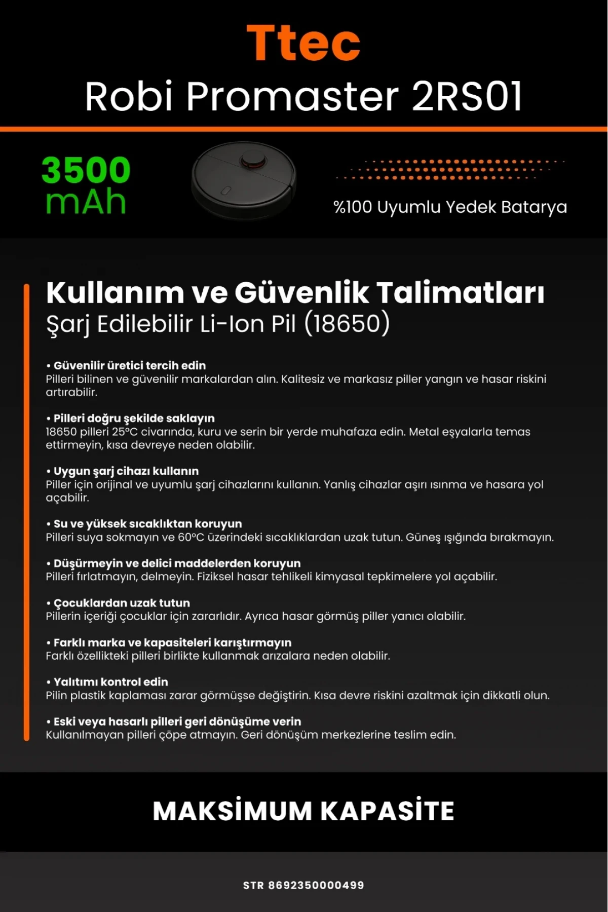 TTEC Robi ProMaster Uyumlu 3500mAh Robot Süpürge Bataryası - Maksimum Kapasite