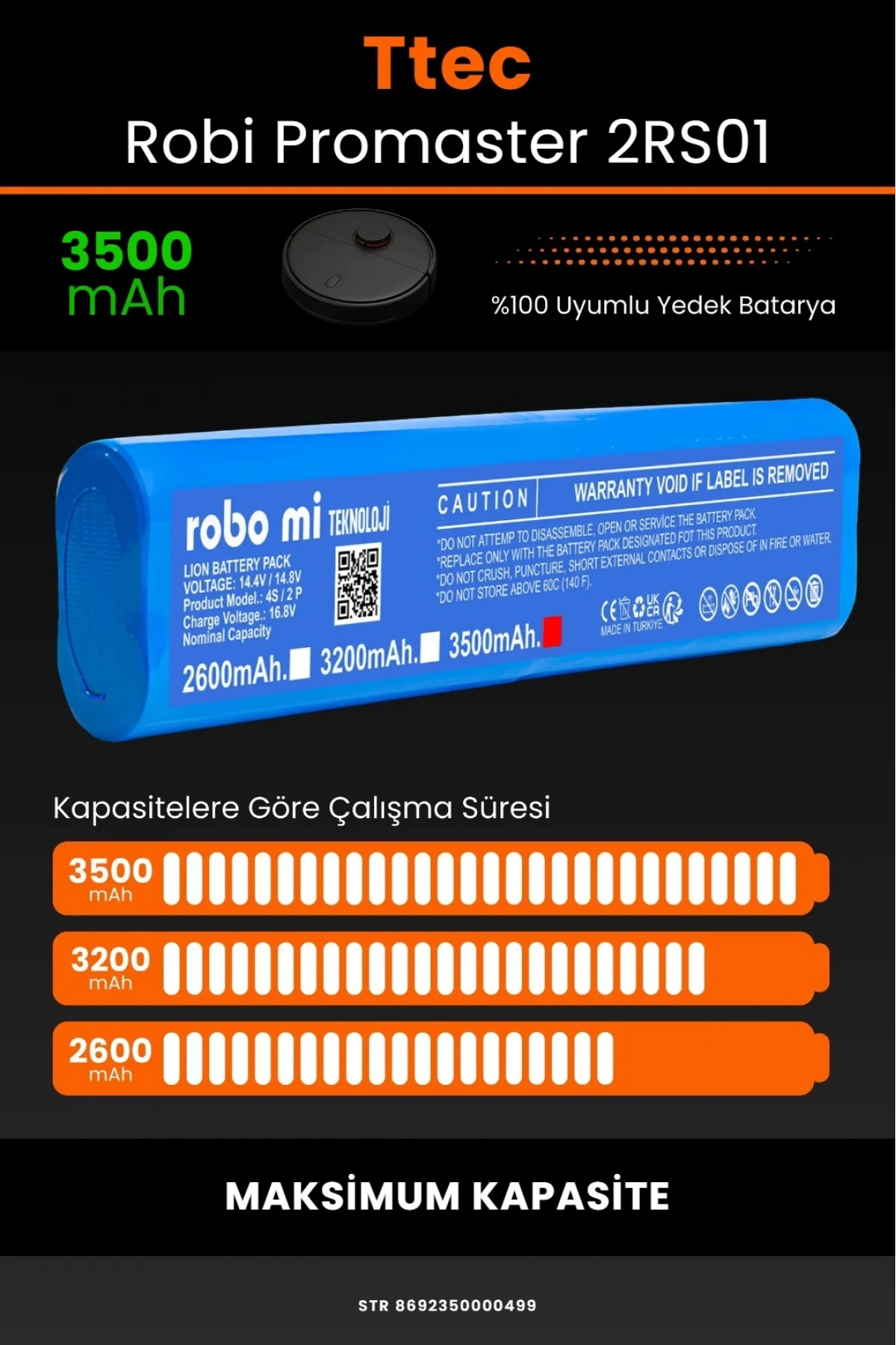 TTEC Robi ProMaster Uyumlu 3500mAh Robot Süpürge Bataryası - Maksimum Kapasite