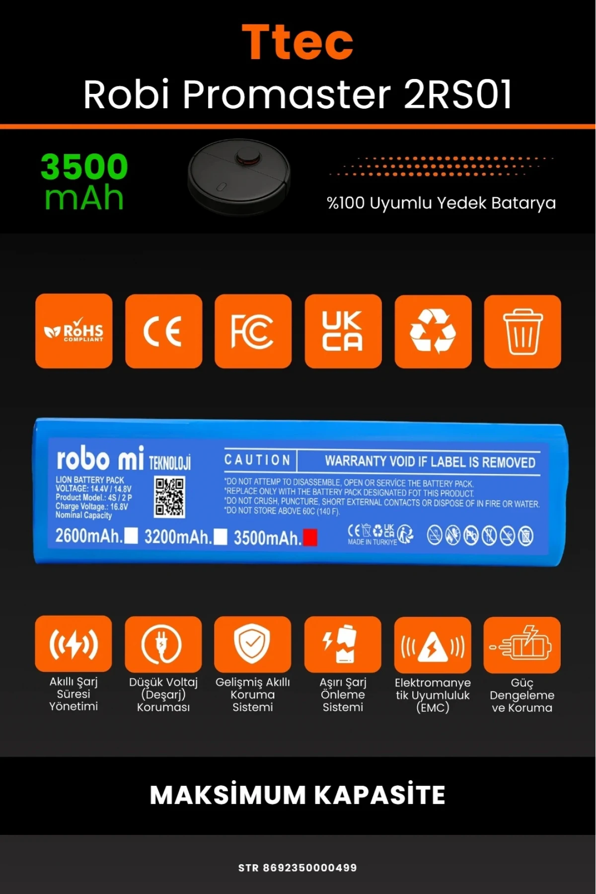 TTEC Robi ProMaster Uyumlu 3500mAh Robot Süpürge Bataryası - Maksimum Kapasite