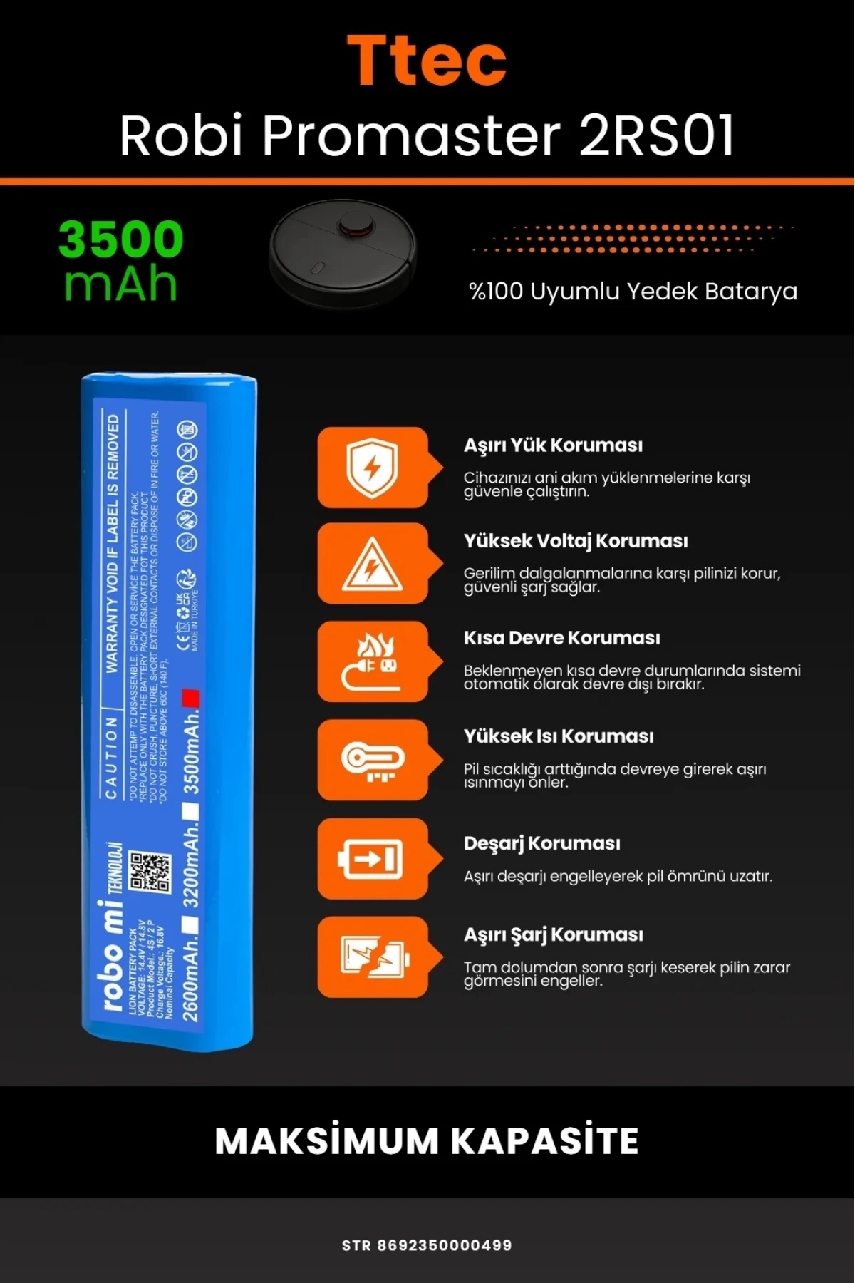 TTEC Robi ProMaster Uyumlu 3500mAh Robot Süpürge Bataryası - Maksimum Kapasite