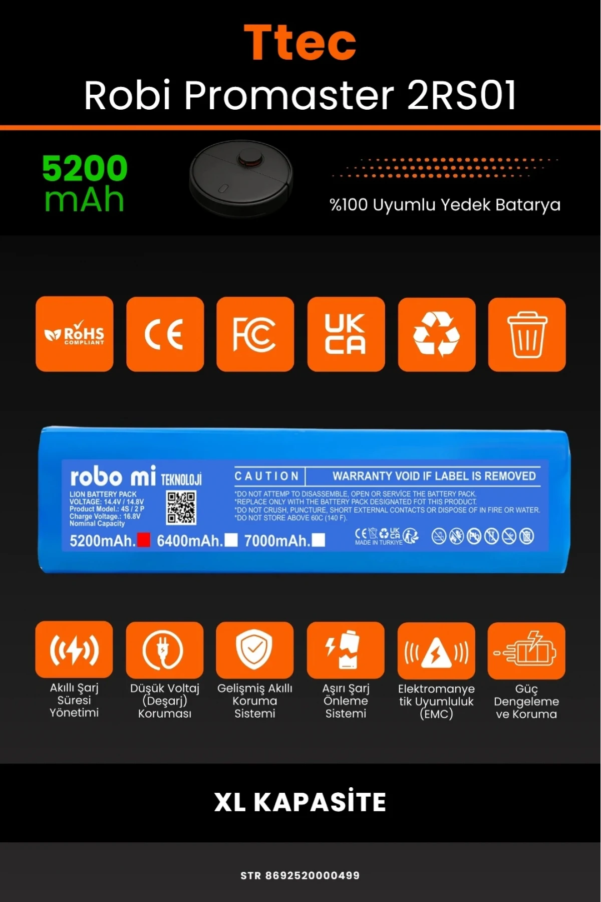 TTEC Robi ProMaster Uyumlu 5200mAh Robot Süpürge Bataryası - Extended Kapasite