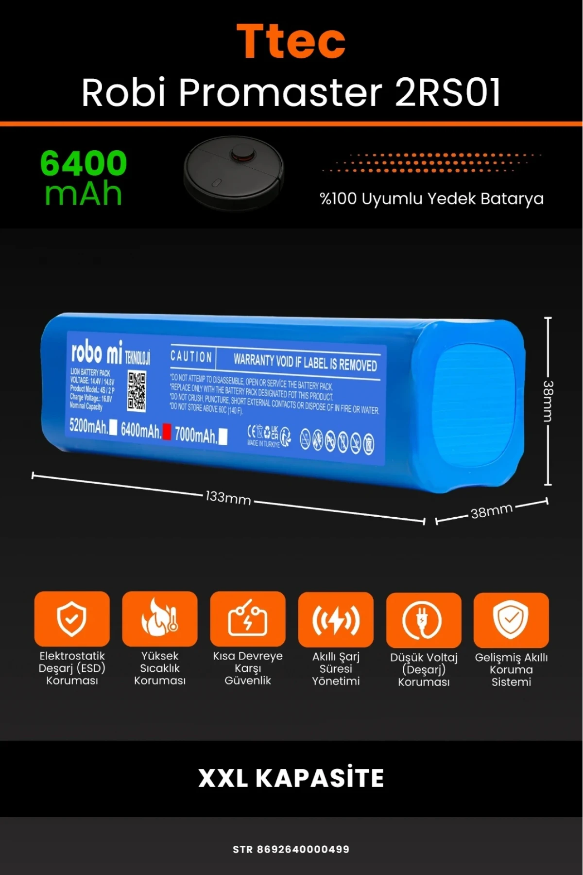 TTEC Robi ProMaster Uyumlu 6400mAh Robot Süpürge Bataryası - Ultra Extended Kapasite
