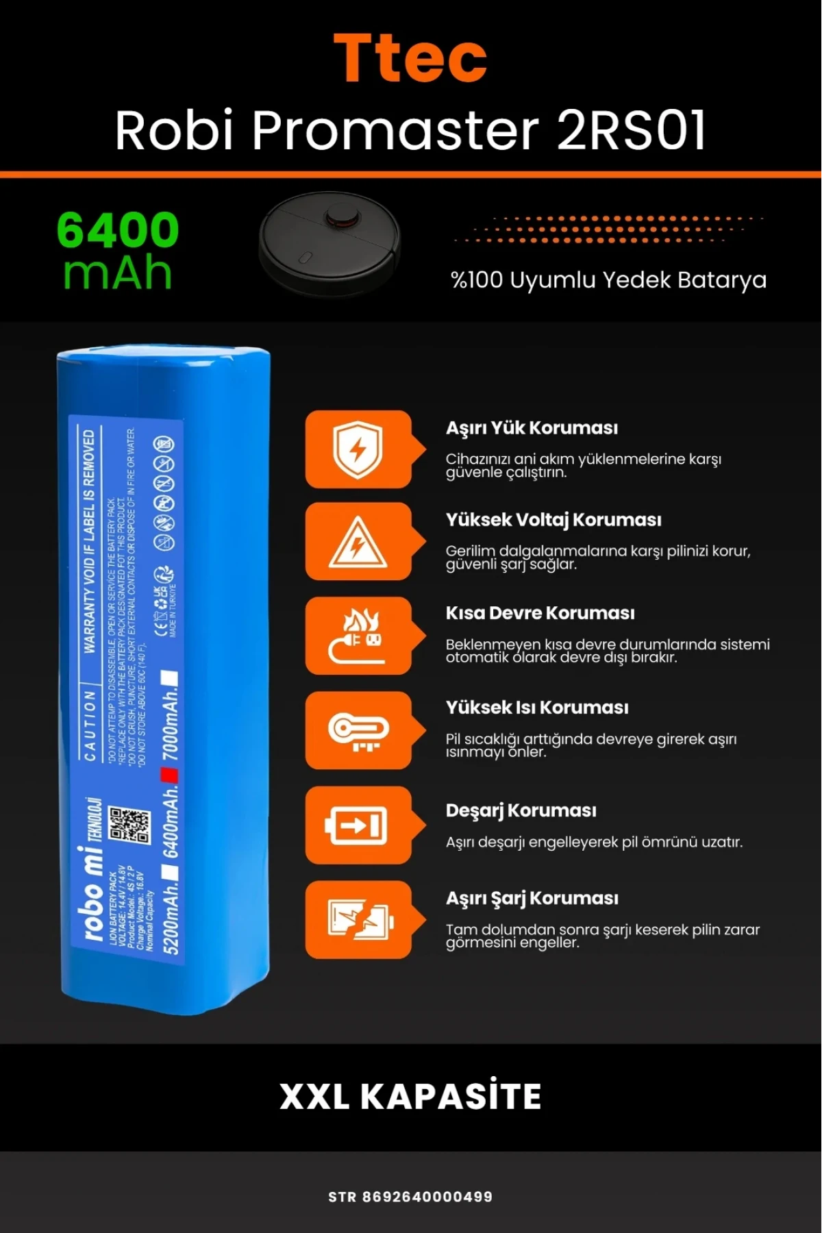 TTEC Robi ProMaster Uyumlu 6400mAh Robot Süpürge Bataryası - Ultra Extended Kapasite