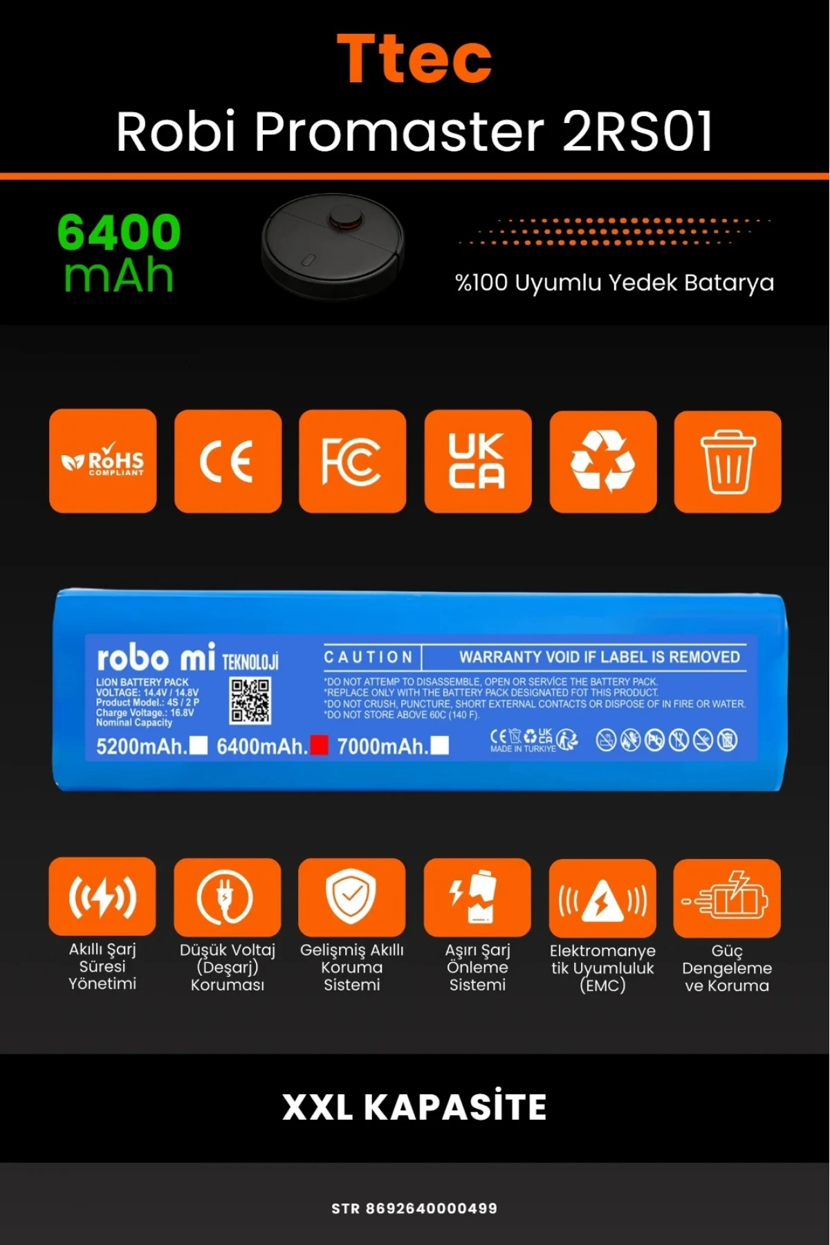 TTEC Robi ProMaster Uyumlu 6400mAh Robot Süpürge Bataryası - Ultra Extended Kapasite