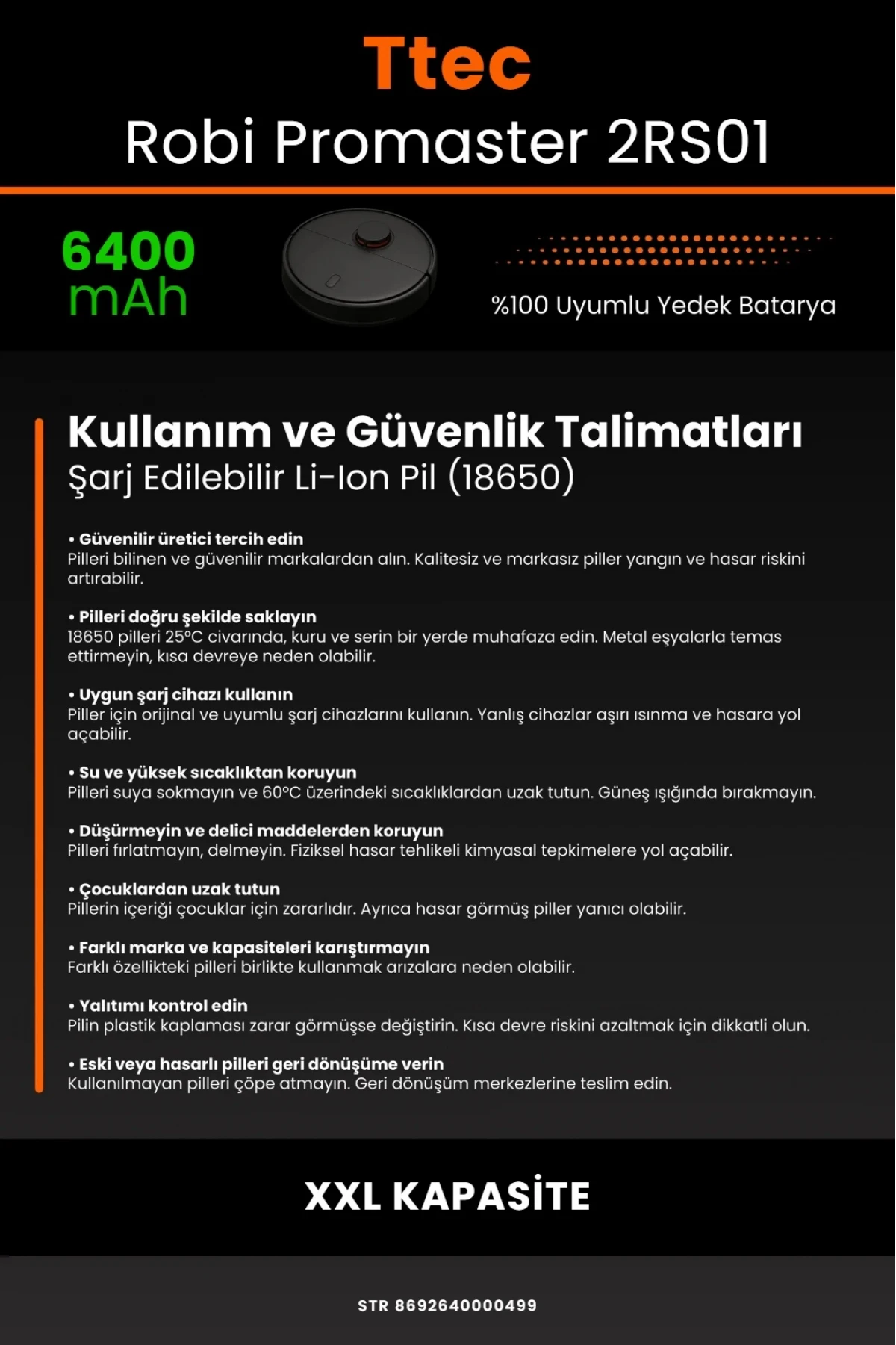 TTEC Robi ProMaster Uyumlu 6400mAh Robot Süpürge Bataryası - Ultra Extended Kapasite