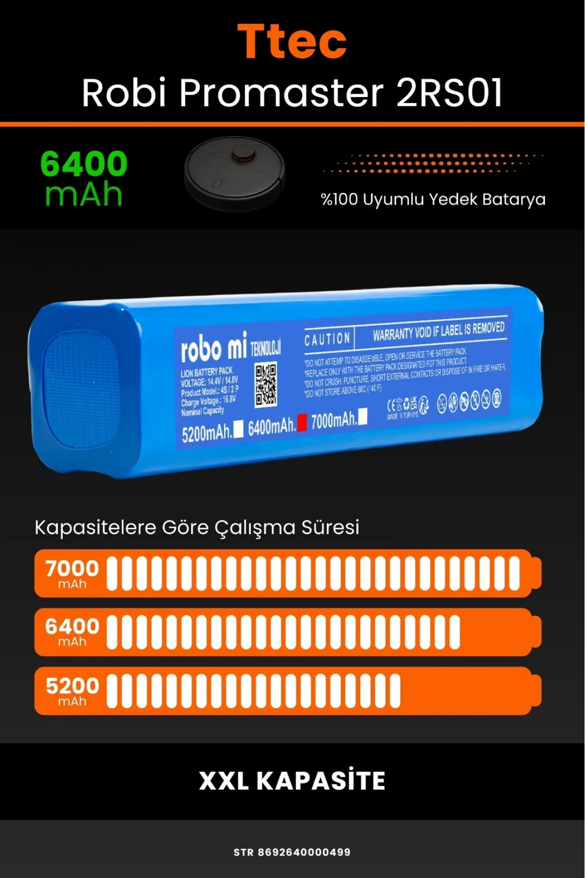 TTEC Robi ProMaster Uyumlu 6400mAh Robot Süpürge Bataryası - Ultra Extended Kapasite
