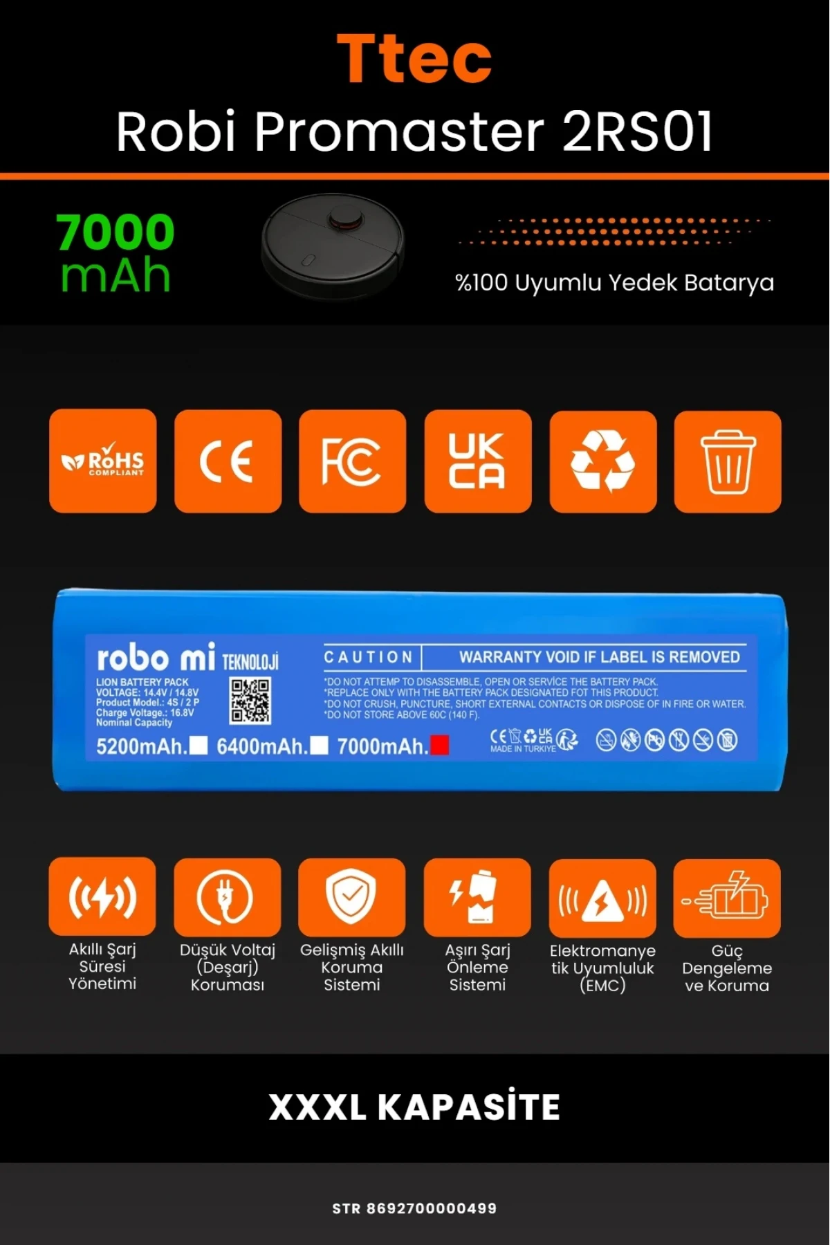 TTEC Robi ProMaster Uyumlu 7000mAh Robot Süpürge Bataryası - Ultimate Kapasite