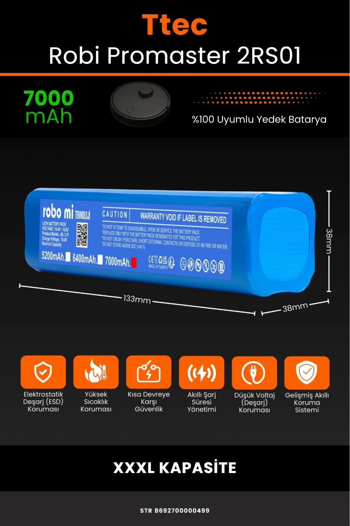 TTEC Robi ProMaster Uyumlu 7000mAh Robot Süpürge Bataryası - Ultimate Kapasite