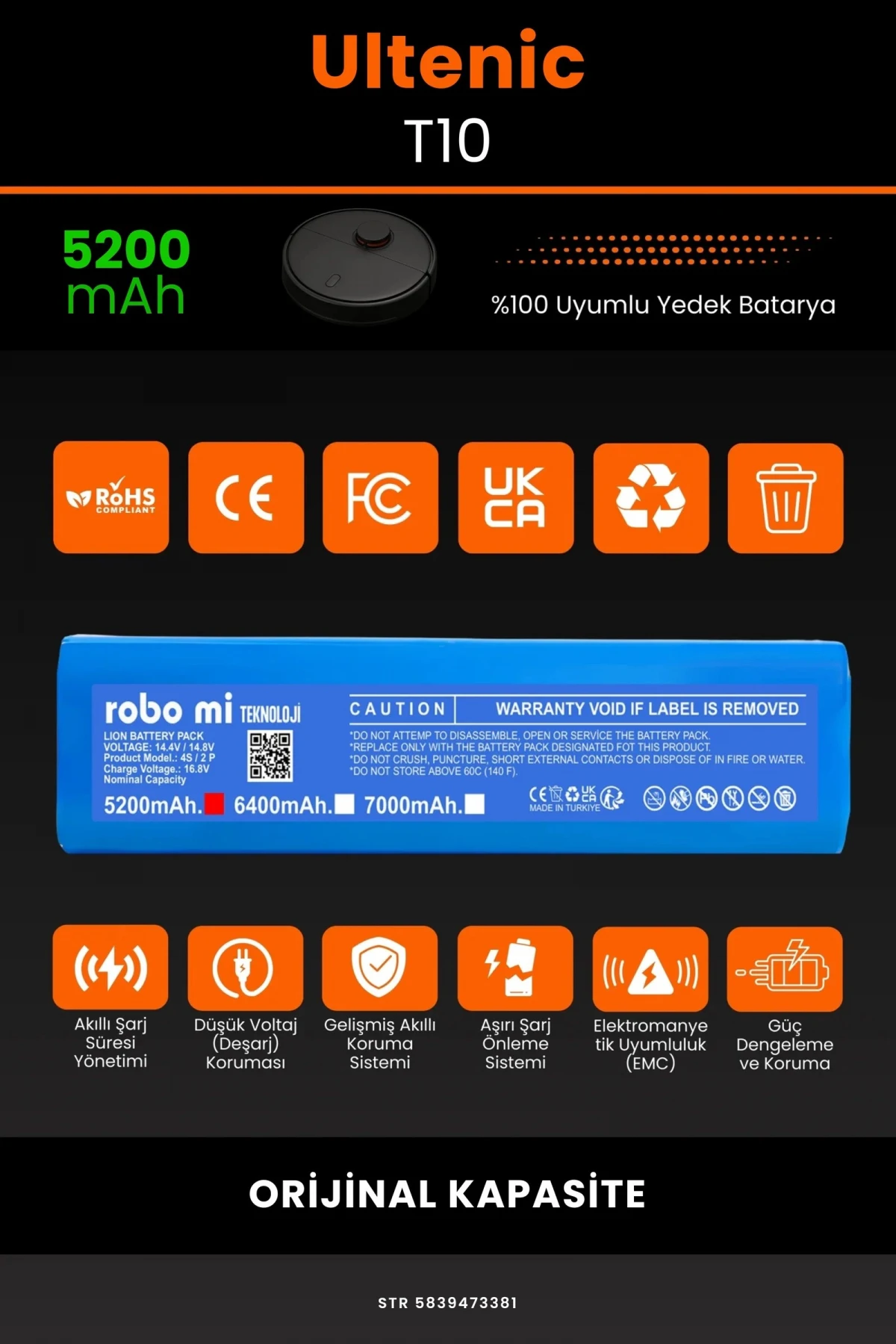 Ultenic T10 5200mAh Robot Süpürge Bataryası - Gerçek Kapasite, Maksimum Güvenlik
