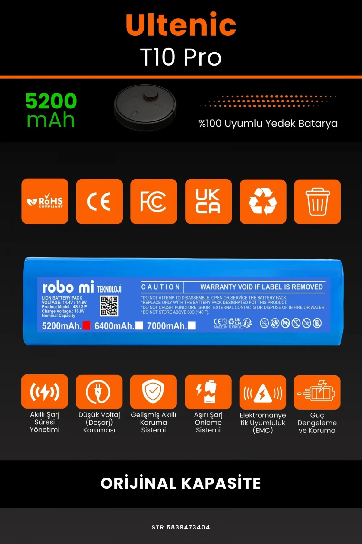 Ultenic T10 Pro 5200mAh Robot Süpürge Bataryası - Gerçek Kapasite, Maksimum Güvenlik