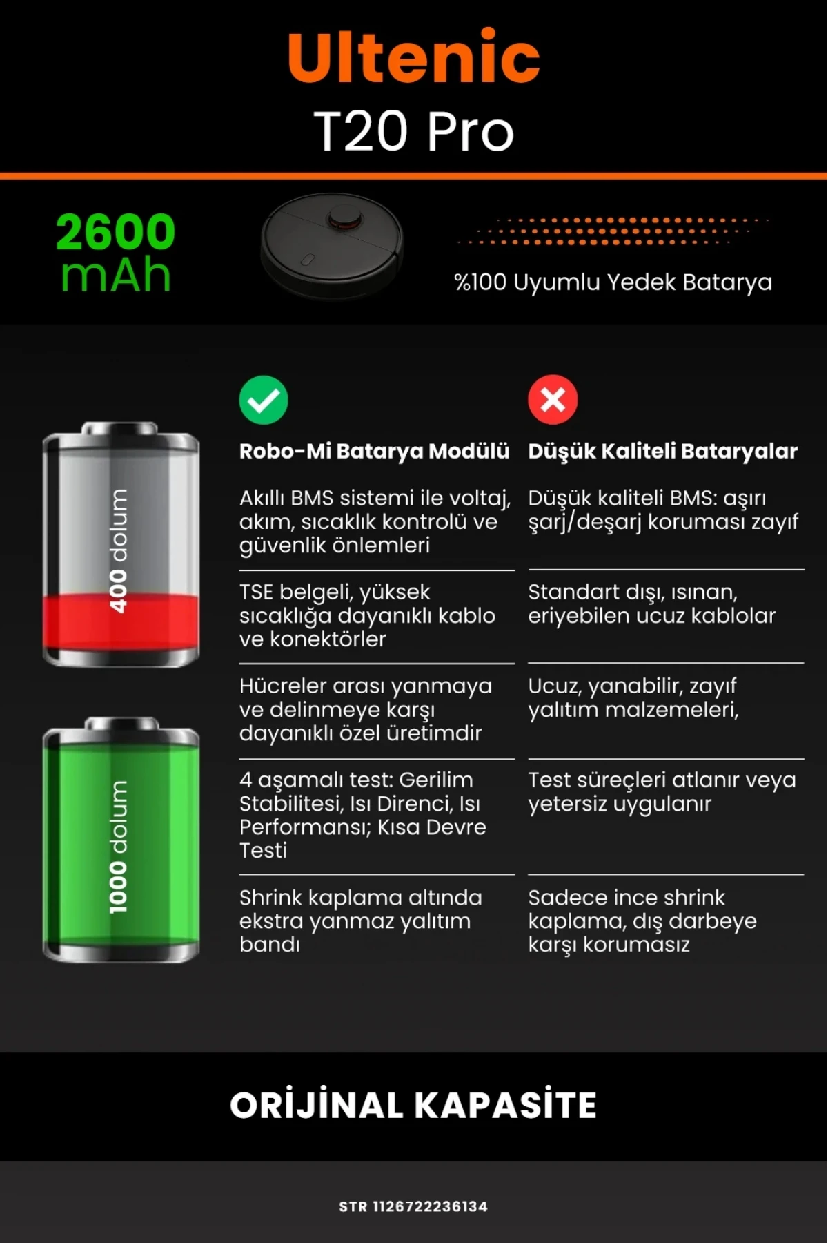 Ultenic T20 Pro Uyumlu 2600mAh Orijinal Kapasiteli Lityum batarya