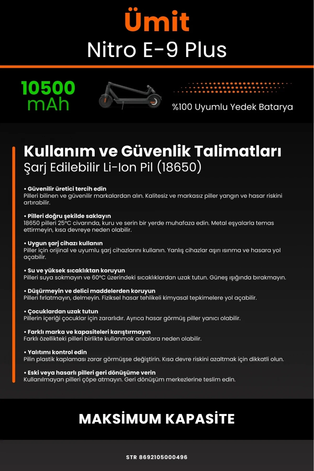 Ümit Nitro E9 Plus Elektrikli Scooter Uyumlu 10500mAh Batarya Modülü - Maksimum Kapasite