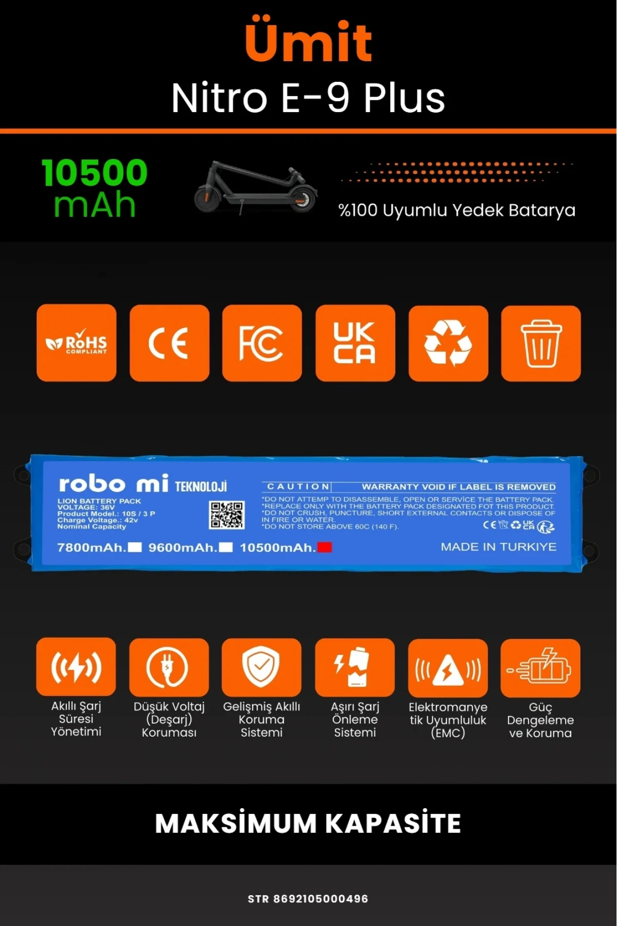 Ümit Nitro E9 Plus Elektrikli Scooter Uyumlu 10500mAh Batarya Modülü - Maksimum Kapasite