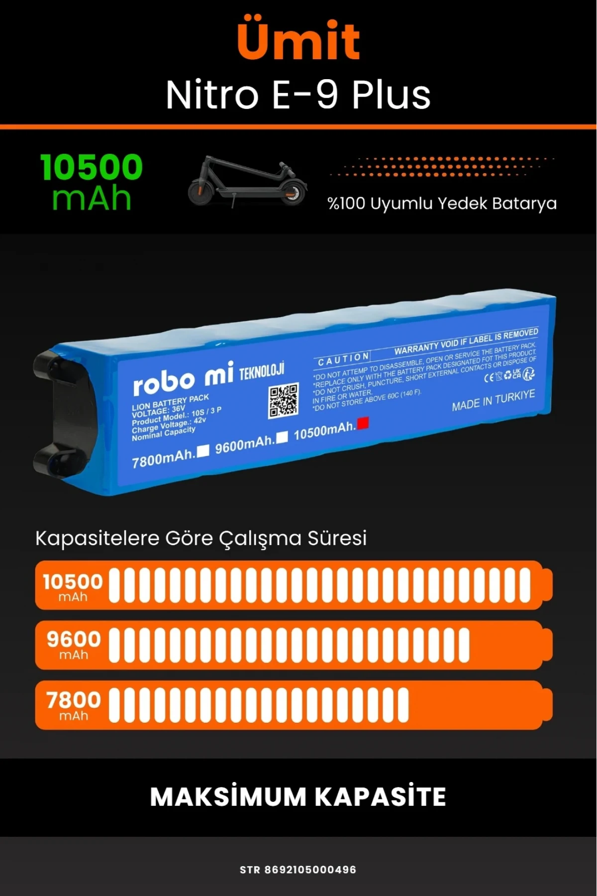 Ümit Nitro E9 Plus Elektrikli Scooter Uyumlu 10500mAh Batarya Modülü - Maksimum Kapasite