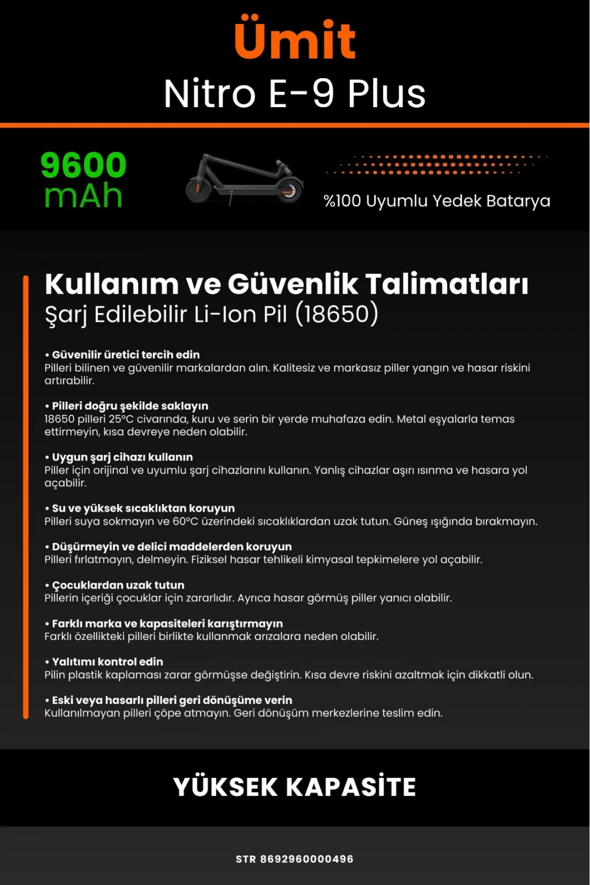 Ümit Nitro E9 Plus Elektrikli Scooter Uyumlu 9600mAh Batarya Modülü - Yüksek Kapasite