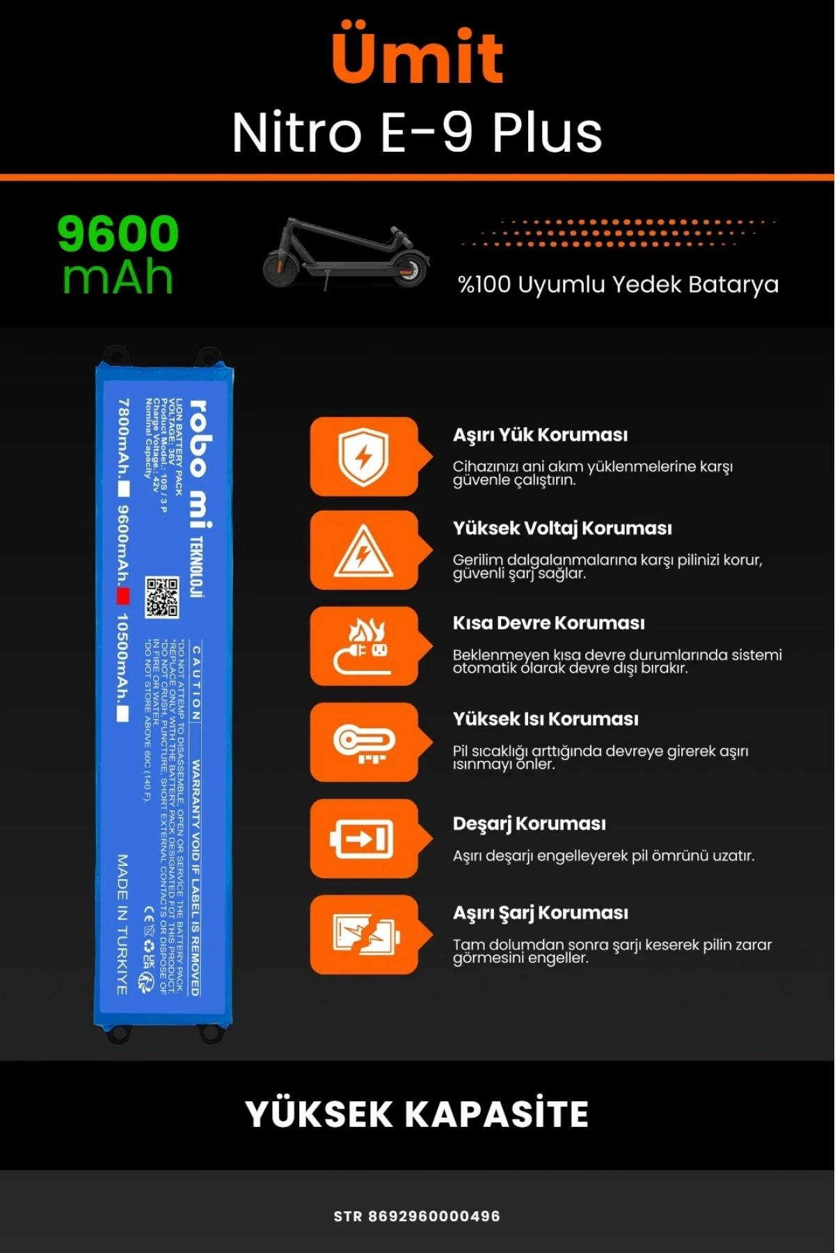 Ümit Nitro E9 Plus Elektrikli Scooter Uyumlu 9600mAh Batarya Modülü - Yüksek Kapasite