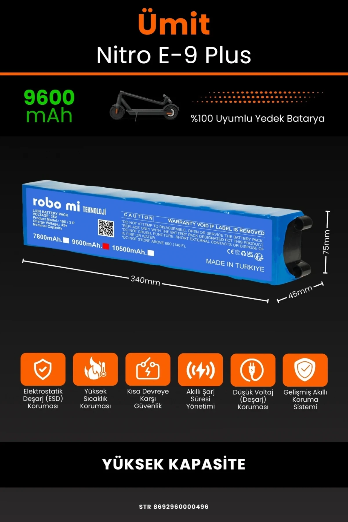 Ümit Nitro E9 Plus Elektrikli Scooter Uyumlu 9600mAh Batarya Modülü - Yüksek Kapasite