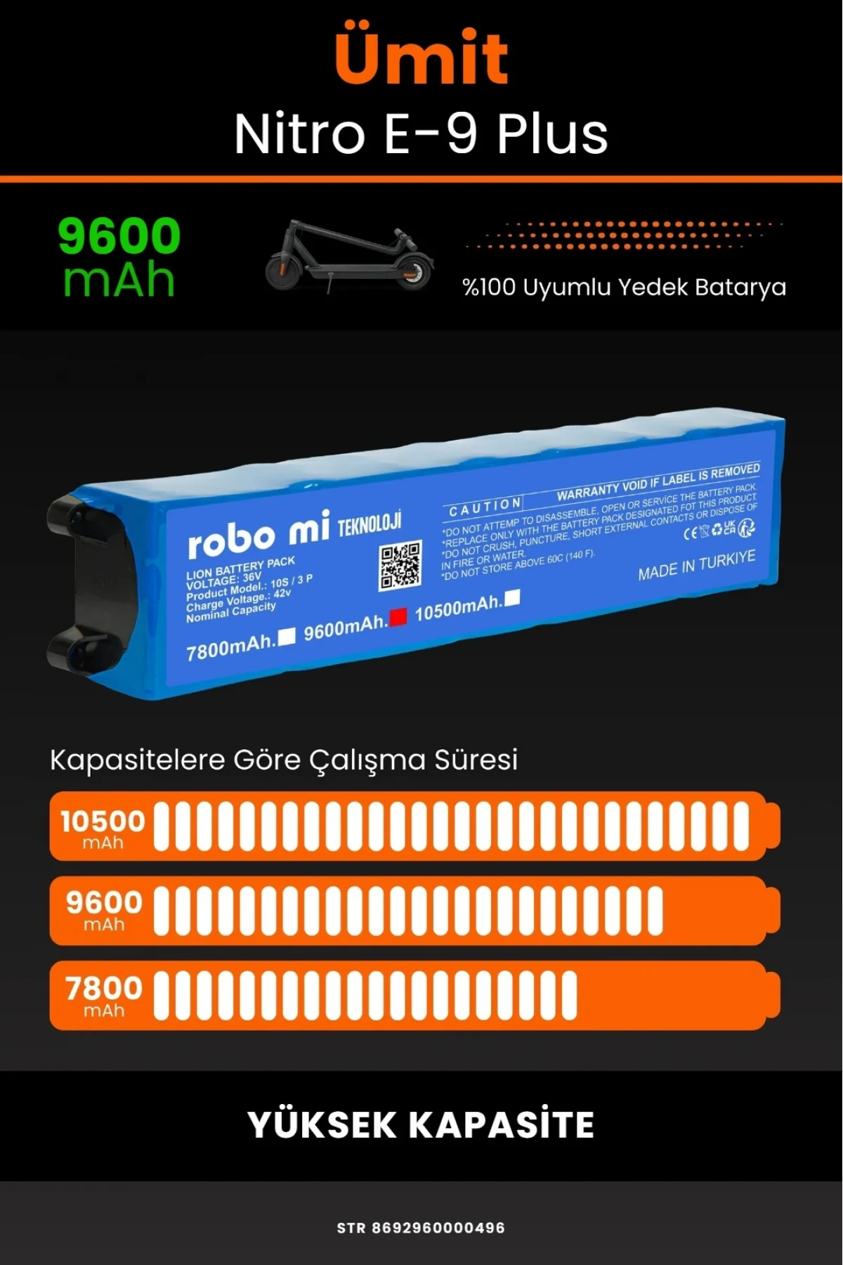 Ümit Nitro E9 Plus Elektrikli Scooter Uyumlu 9600mAh Batarya Modülü - Yüksek Kapasite