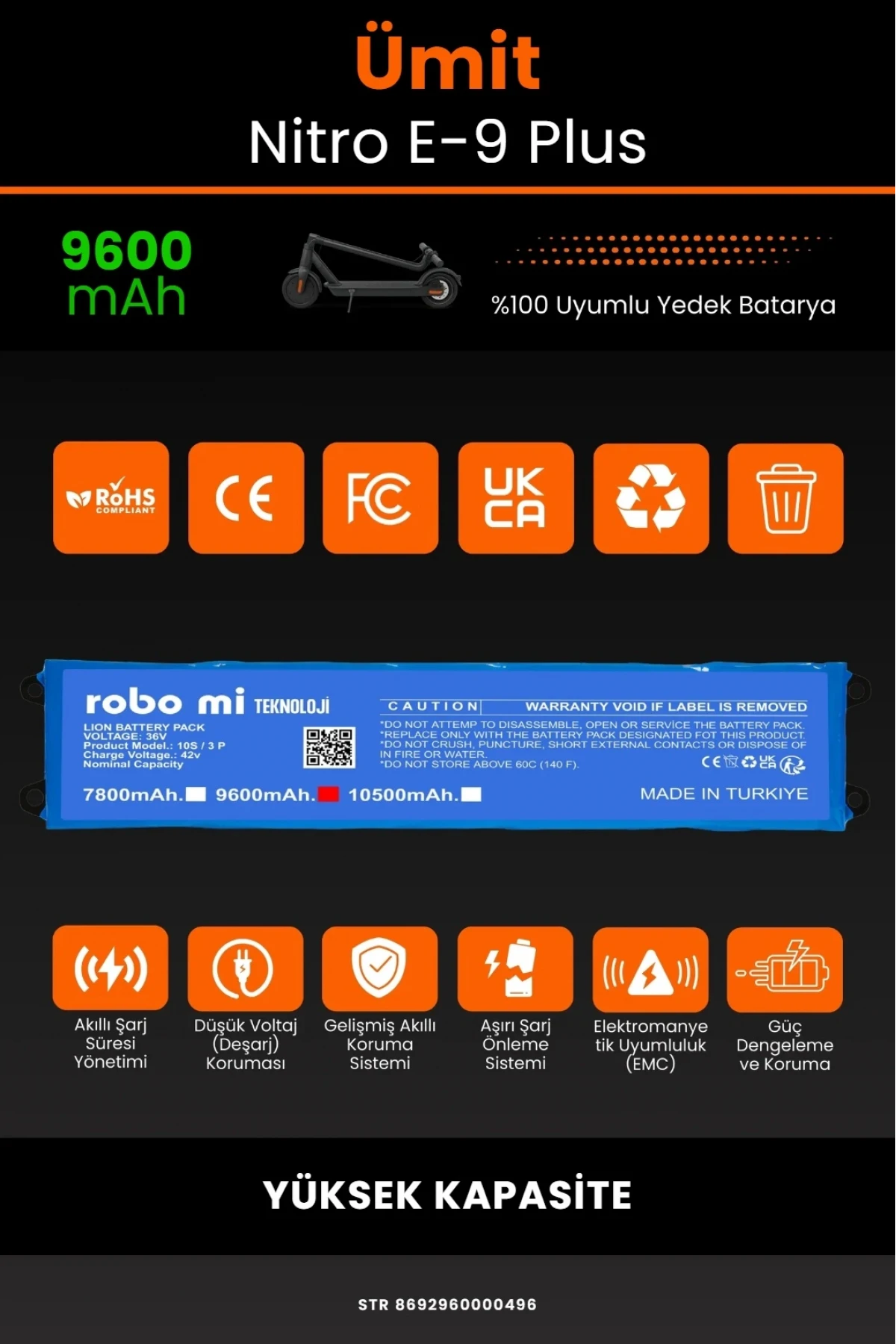 Ümit Nitro E9 Plus Elektrikli Scooter Uyumlu 9600mAh Batarya Modülü - Yüksek Kapasite