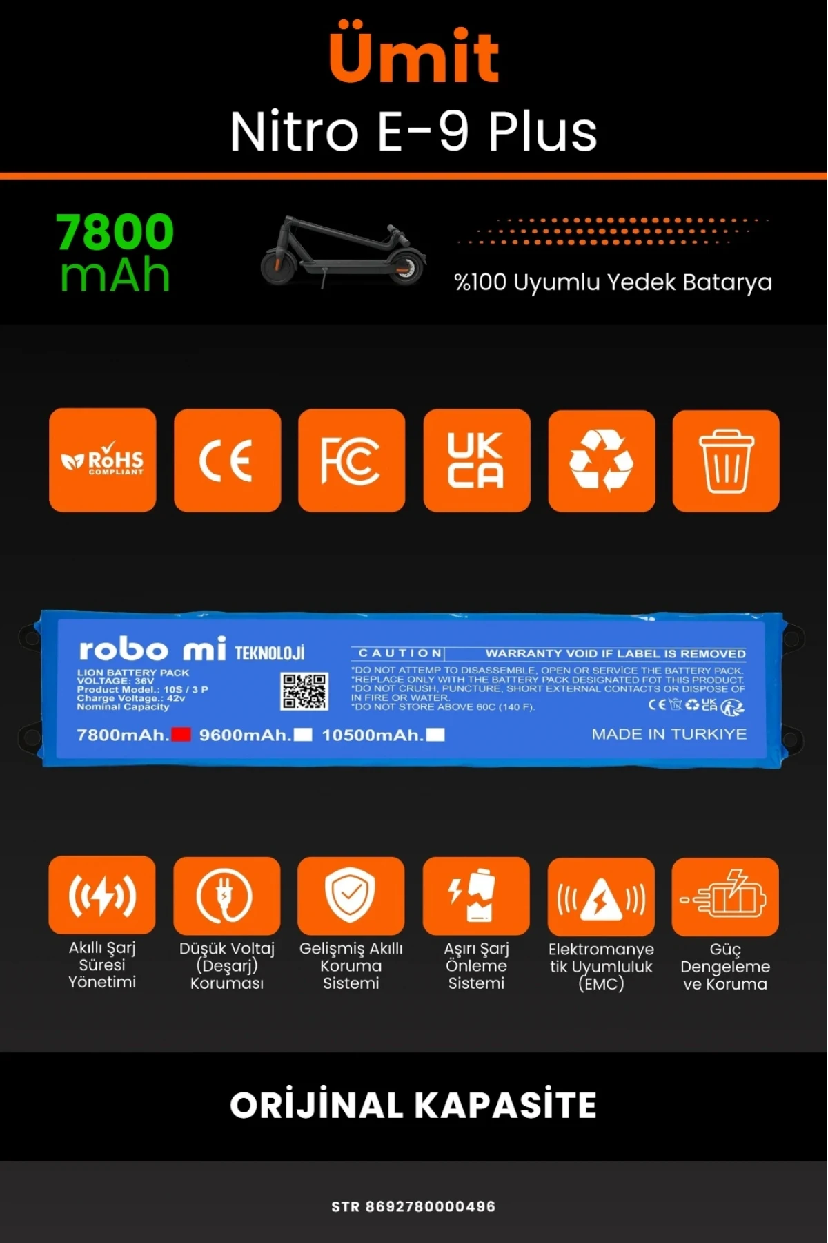 Ümit Nitro E9 Plus Elektrikli Scooter Uyumlu 7800mAh Batarya Modülü - Orijinal Kapasite