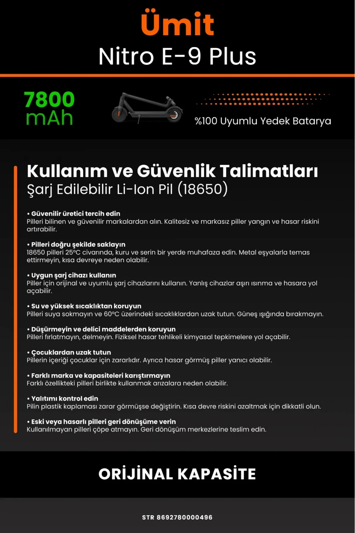 Ümit Nitro E9 Plus Elektrikli Scooter Uyumlu 7800mAh Batarya Modülü - Orijinal Kapasite