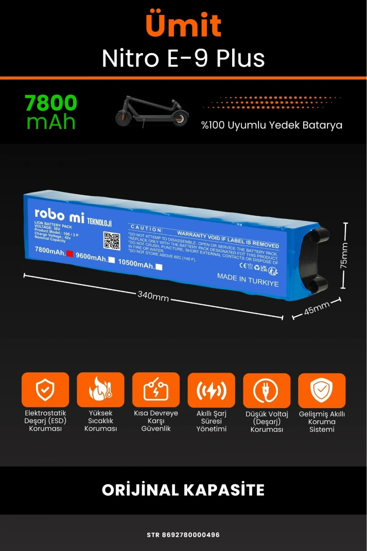 Ümit Nitro E9 Plus Elektrikli Scooter Uyumlu 7800mAh Batarya Modülü - Orijinal Kapasite