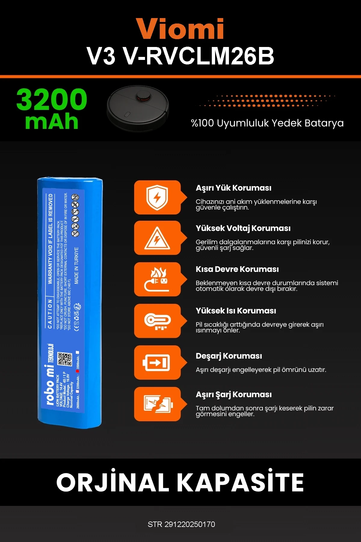 Viomi Robot Vacuum Cleaner V3 Uyumlu 3200mAh Robot Süpürge Bataryası - Gerçek Kapasite, Maksimum Güvenlik