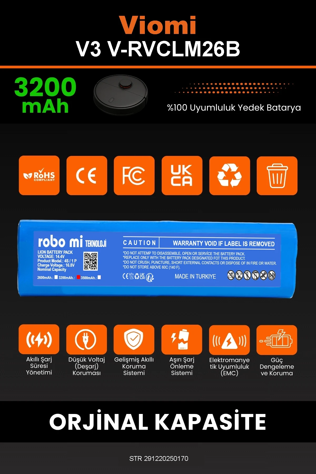 Viomi Robot Vacuum Cleaner V3 Uyumlu 3200mAh Robot Süpürge Bataryası - Gerçek Kapasite, Maksimum Güvenlik