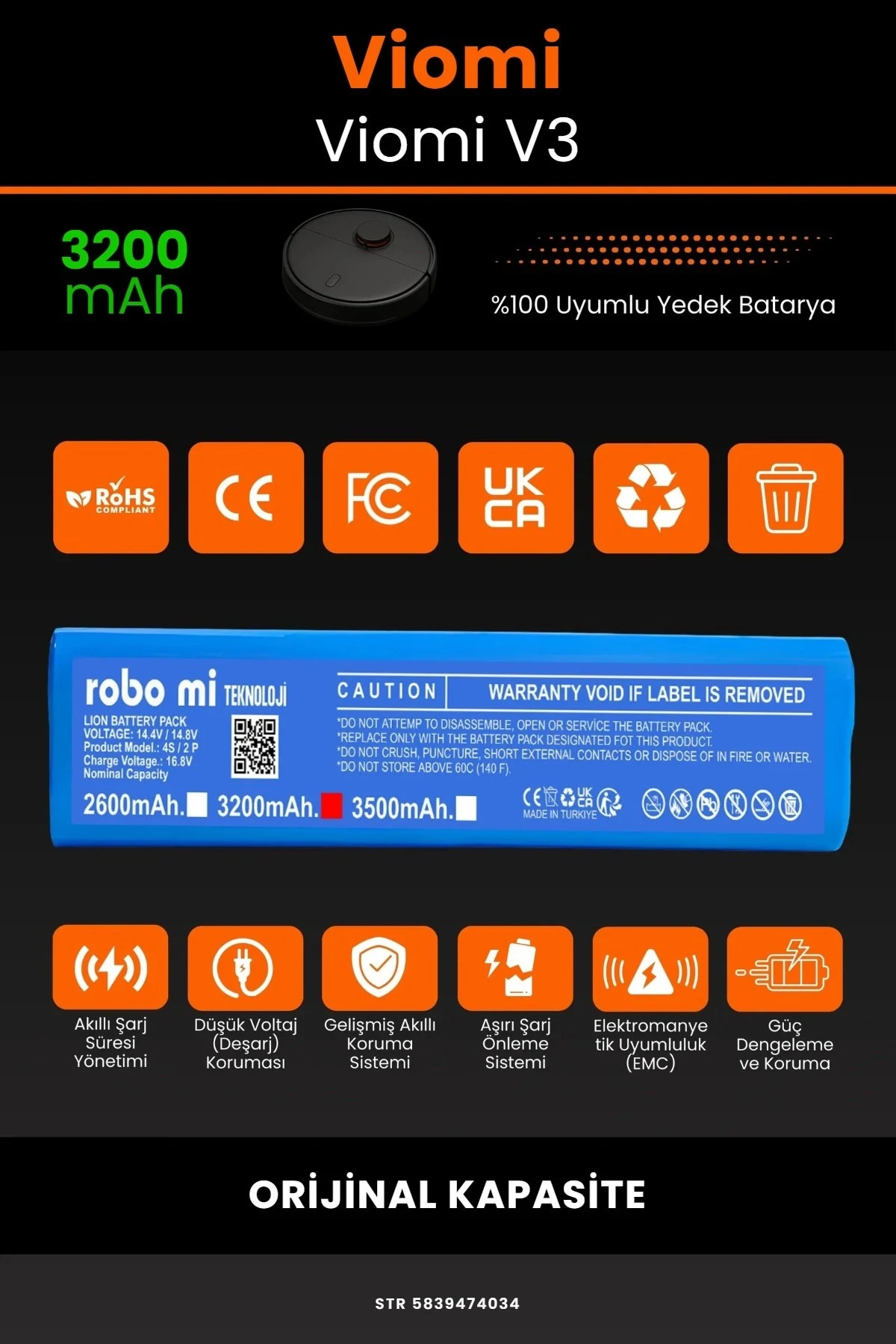 Viomi Robot Vacuum Cleaner V3 Uyumlu 3200mAh Robot Süpürge Bataryası - Gerçek Kapasite, Maksimum Güvenlik