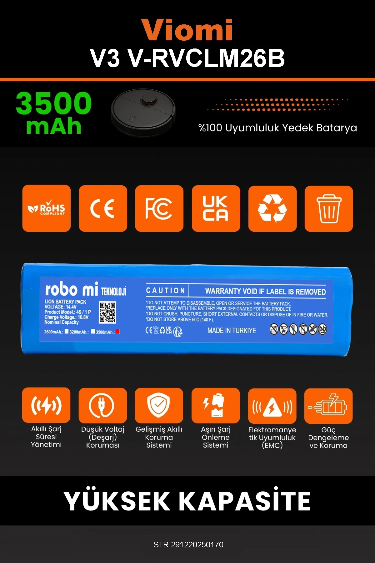 Viomi Robot Vacuum Cleaner V3 Uyumlu 3500mAh Robot Süpürge Bataryası - Gerçek Kapasite, Maksimum Güvenlik