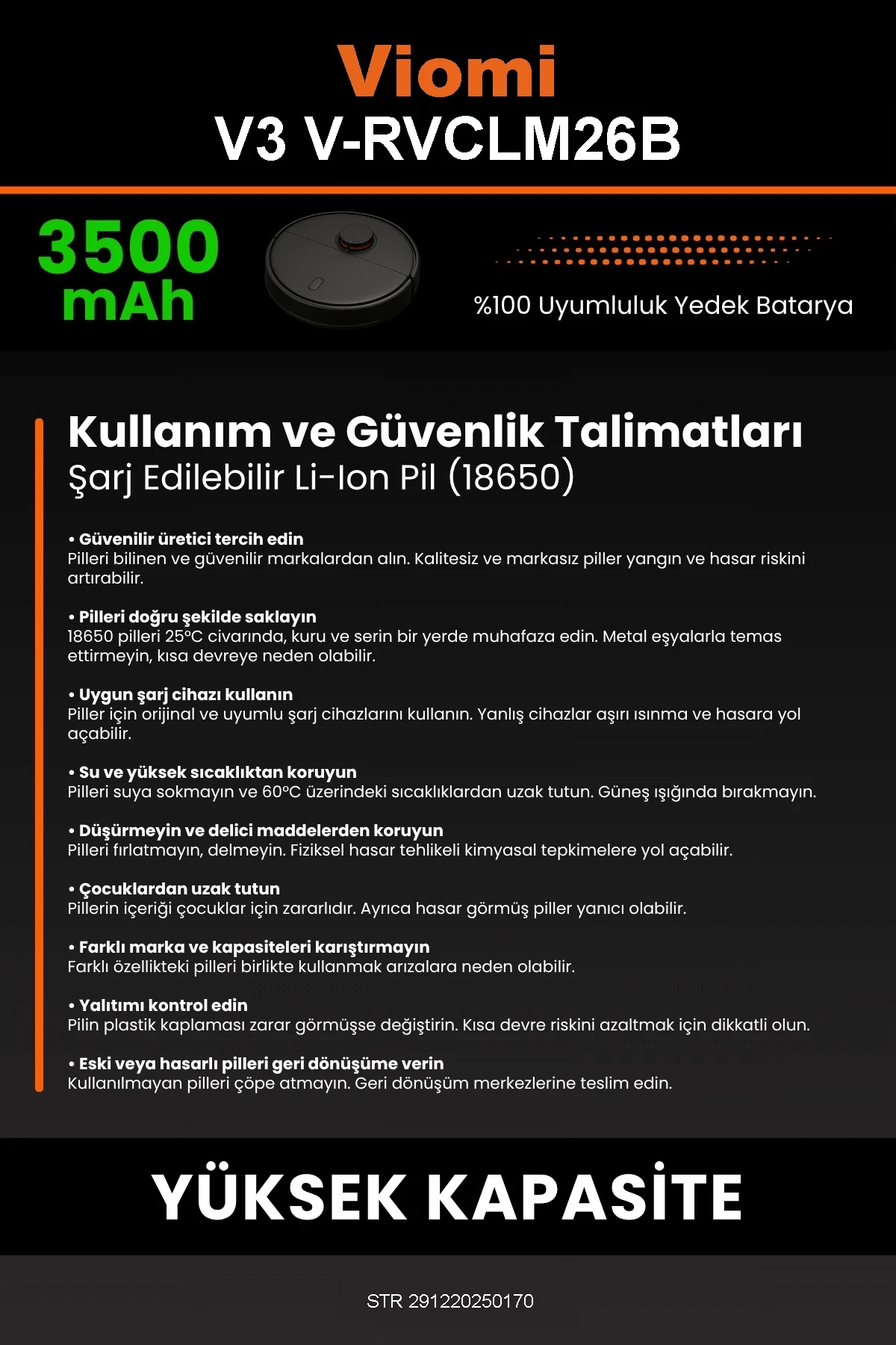 Viomi Robot Vacuum Cleaner V3 Uyumlu 3500mAh Robot Süpürge Bataryası - Gerçek Kapasite, Maksimum Güvenlik