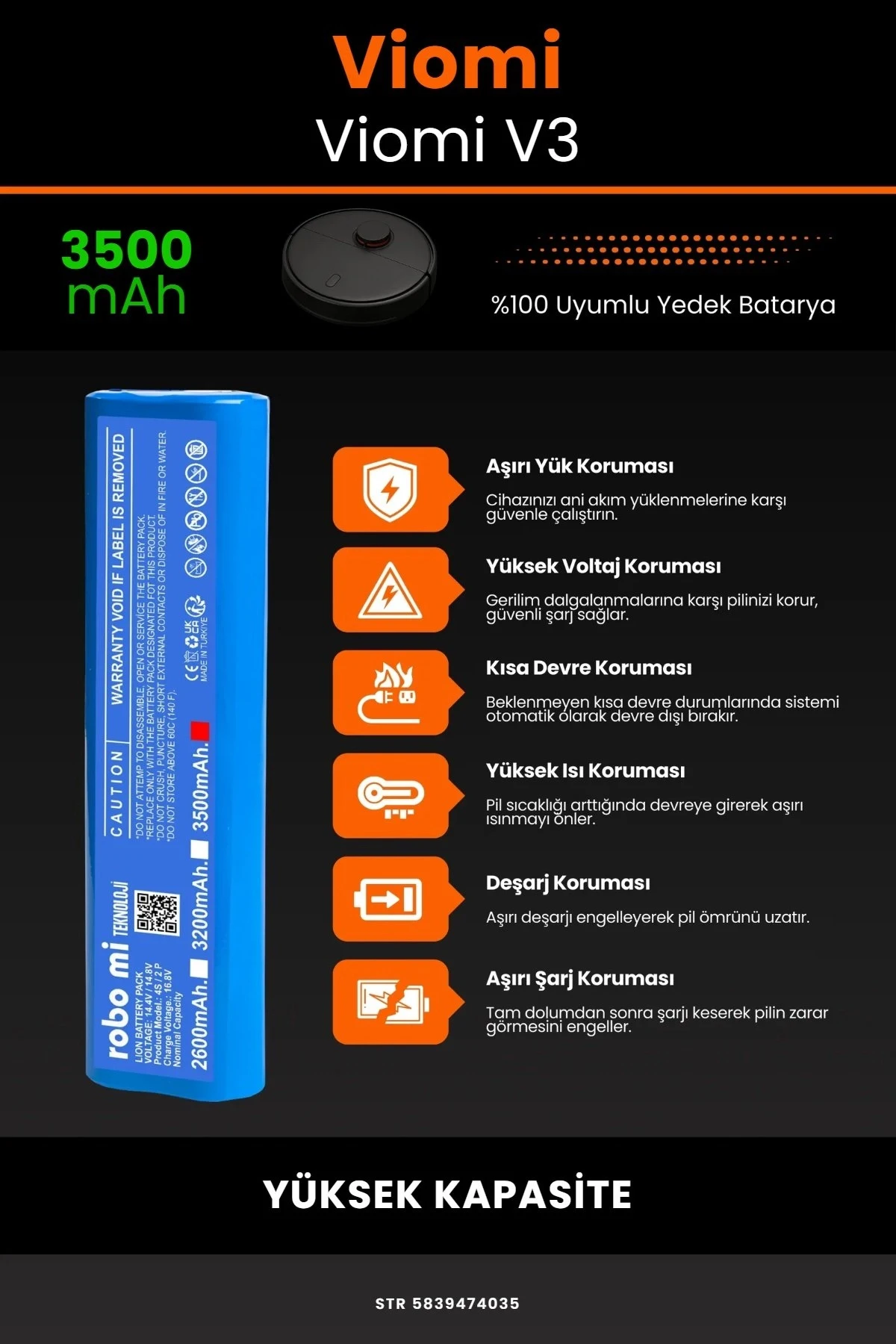 Viomi Robot Vacuum Cleaner V3 Uyumlu 3500mAh Robot Süpürge Bataryası - Gerçek Kapasite, Maksimum Güvenlik