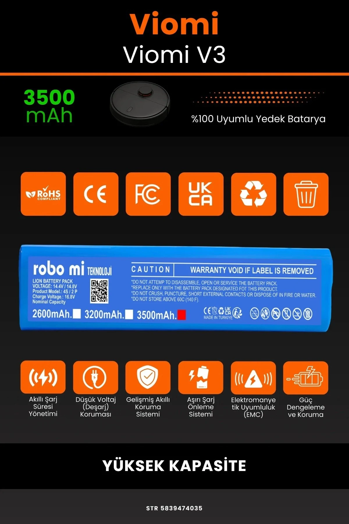 Viomi Robot Vacuum Cleaner V3 Uyumlu 3500mAh Robot Süpürge Bataryası - Gerçek Kapasite, Maksimum Güvenlik