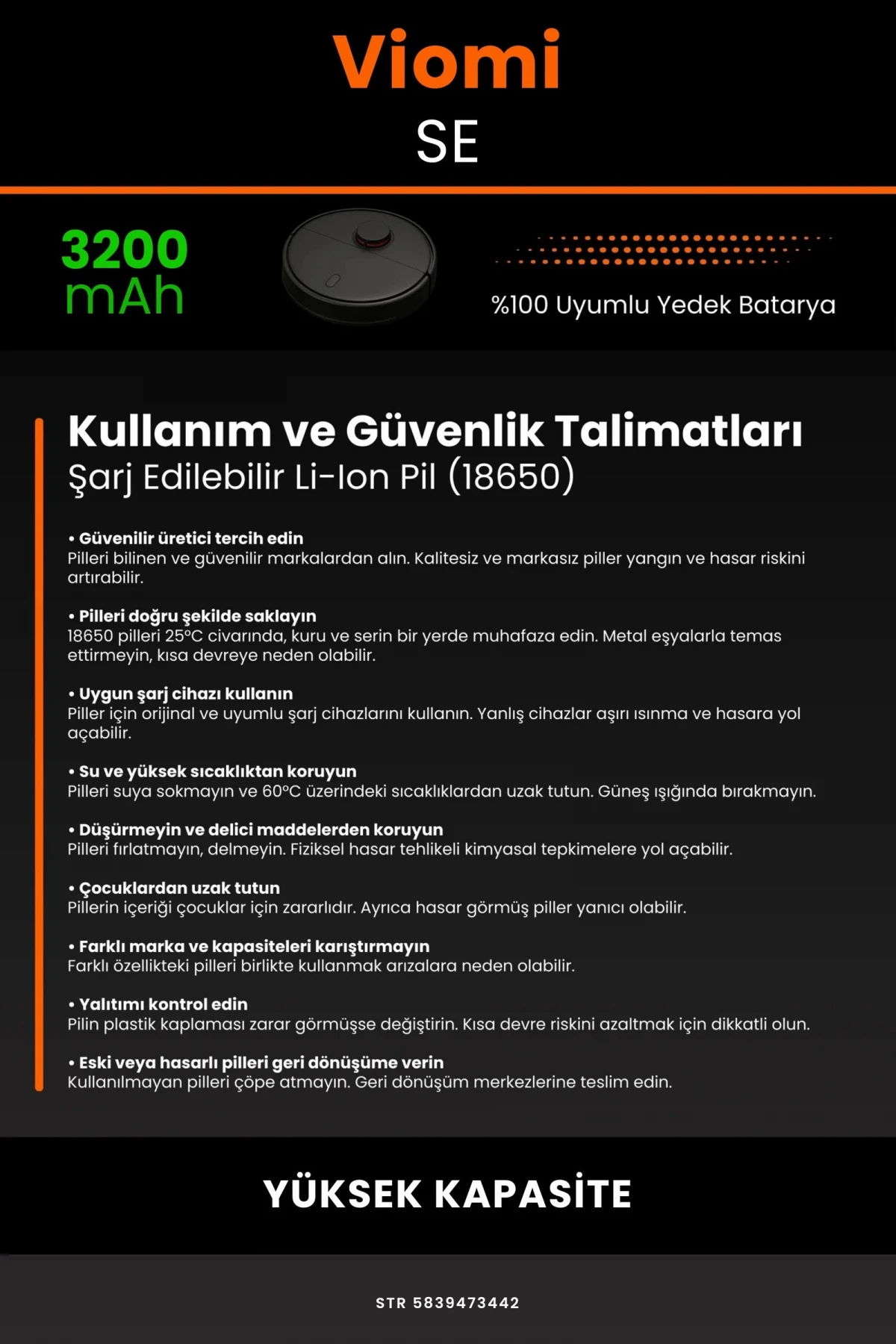 Viomi SE 3200mAh Robot Süpürge Bataryası - Gerçek Kapasite, Maksimum Güvenlik