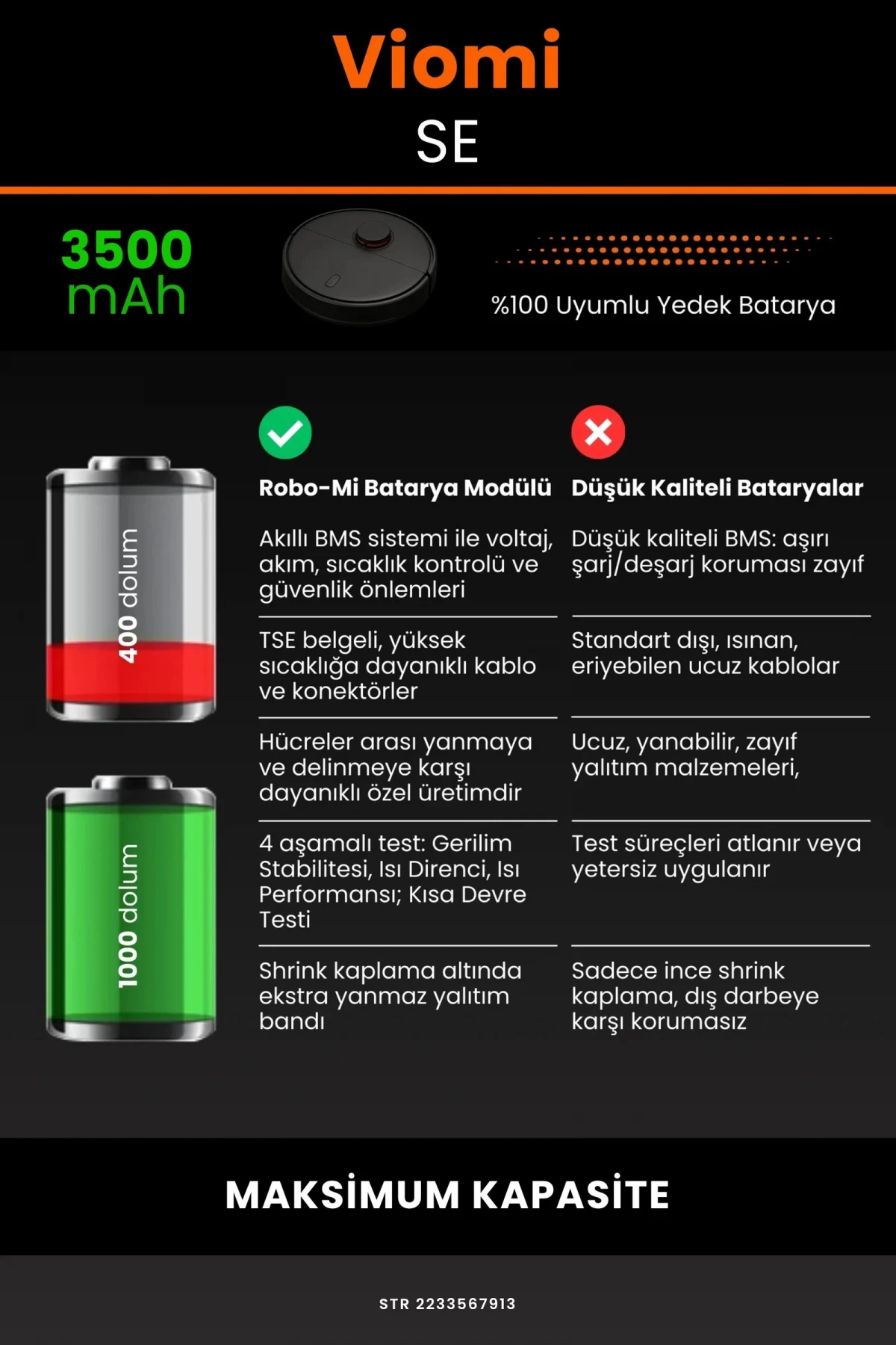 Viomi SE 3500mAh Robot Süpürge Bataryası - Gerçek Kapasite, Maksimum Güvenlik