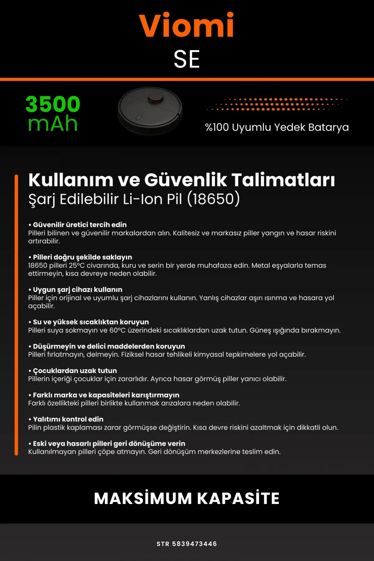 Viomi SE 3500mAh Robot Süpürge Bataryası - Gerçek Kapasite, Maksimum Güvenlik