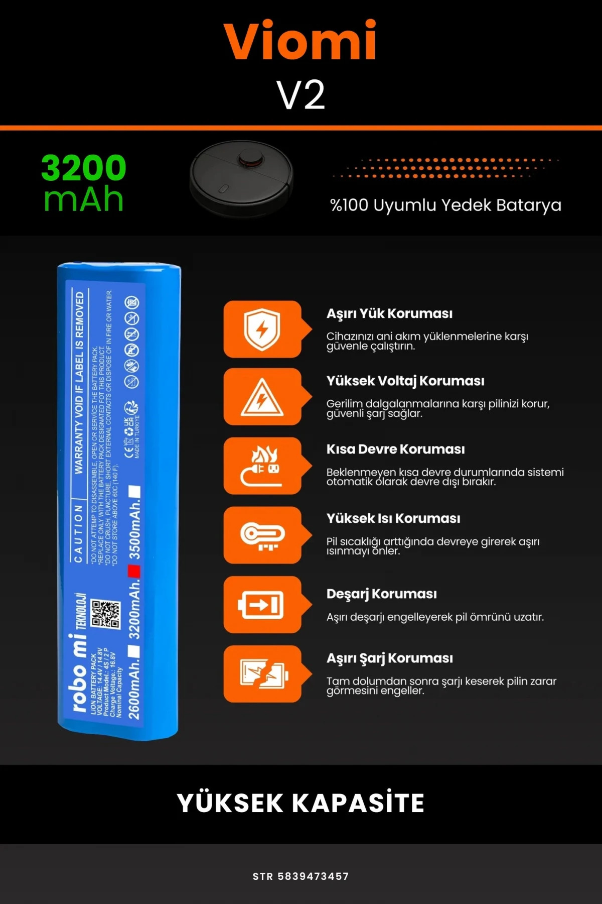 Viomi V2 3200mAh Robot Süpürge Bataryası - Gerçek Kapasite, Maksimum Güvenlik