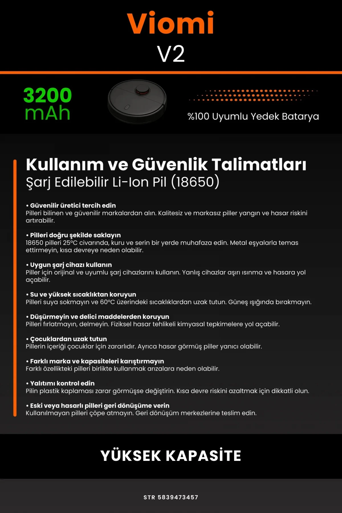 Viomi V2 3200mAh Robot Süpürge Bataryası - Gerçek Kapasite, Maksimum Güvenlik