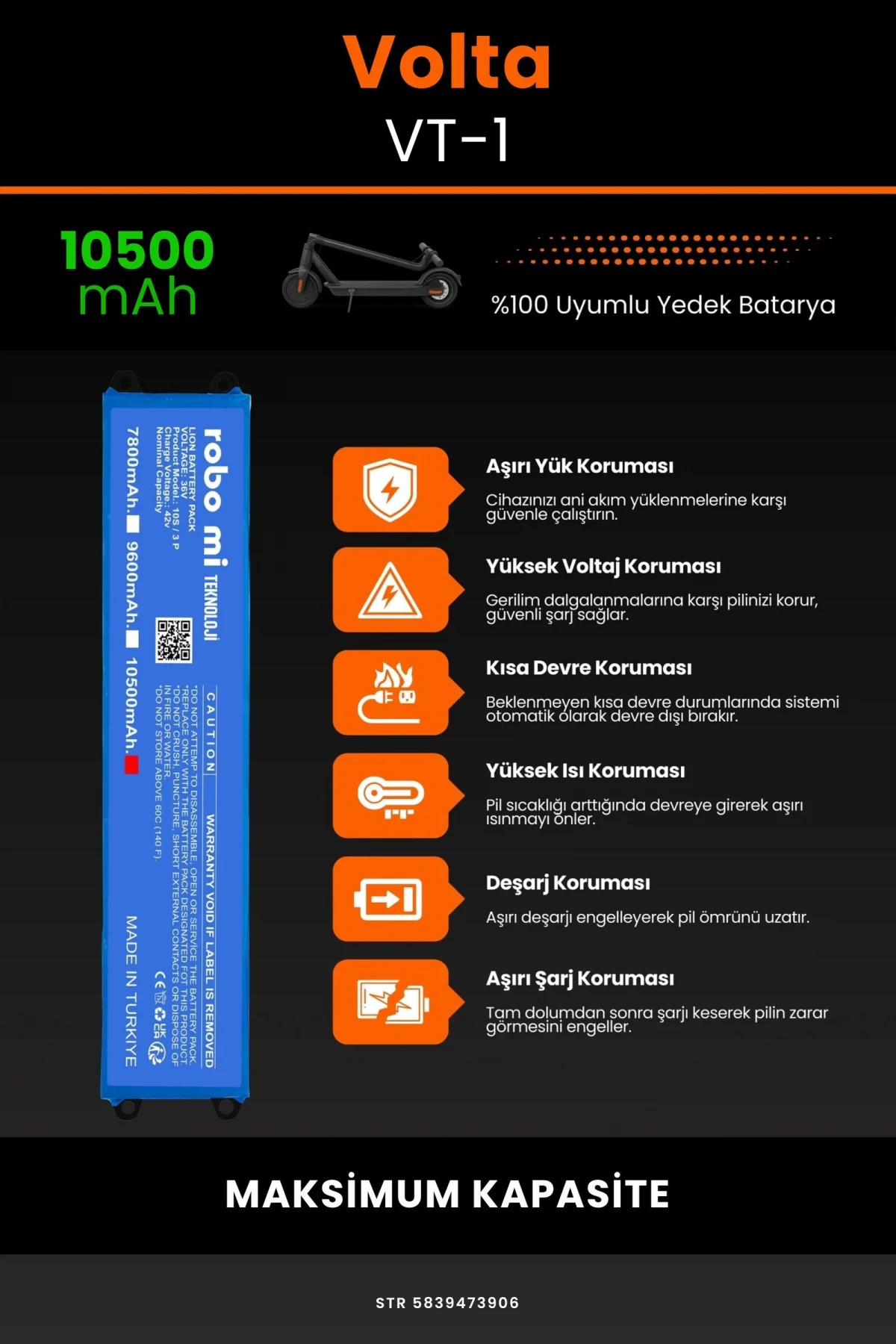 Volta VT-1 /36V 10500mAh Elektrikli Scooter Bataryası - Gerçek Kapasite, Maksimum Güvenlik